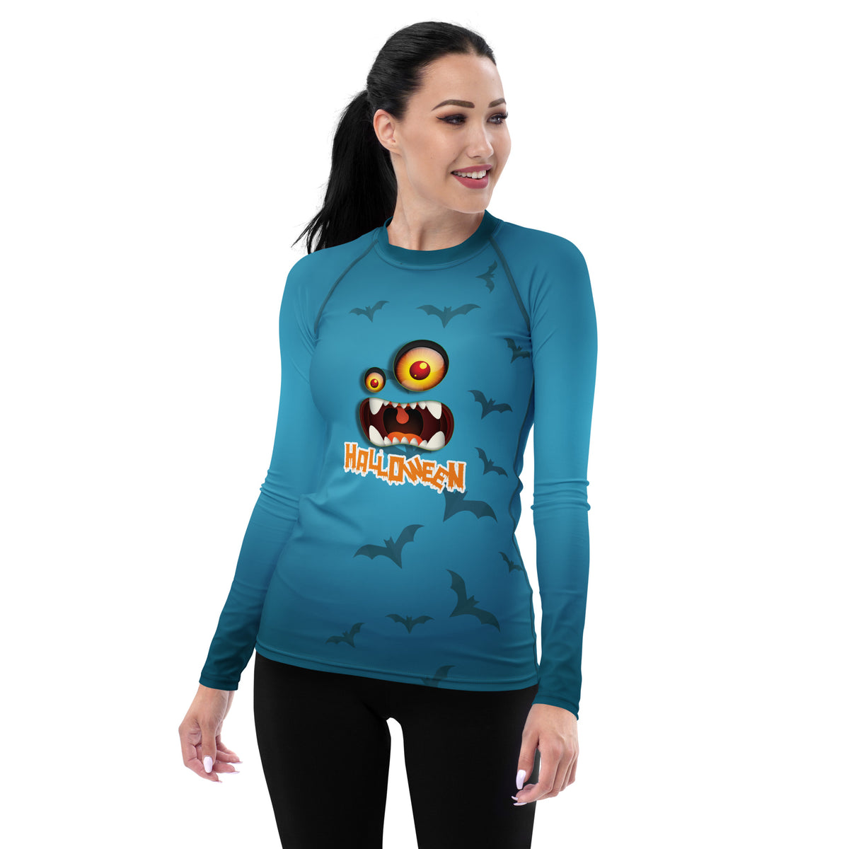 Black Cat Charm Women's Rash Guard Halloween Design
