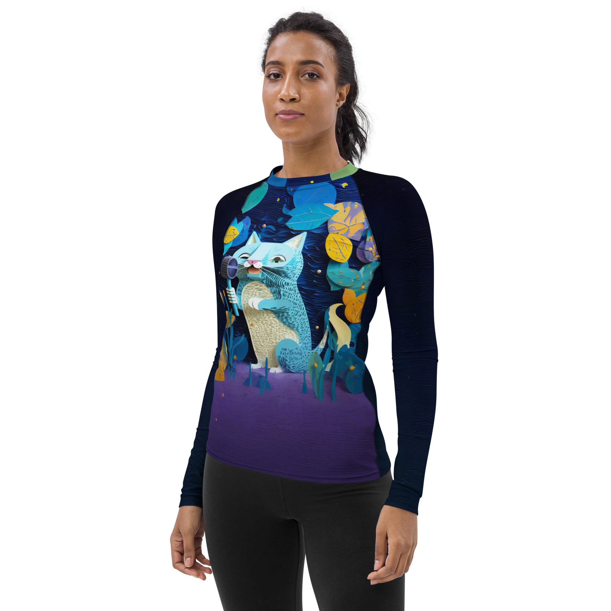 Twilight Kirigami Owls Women's Rash Guard back view.