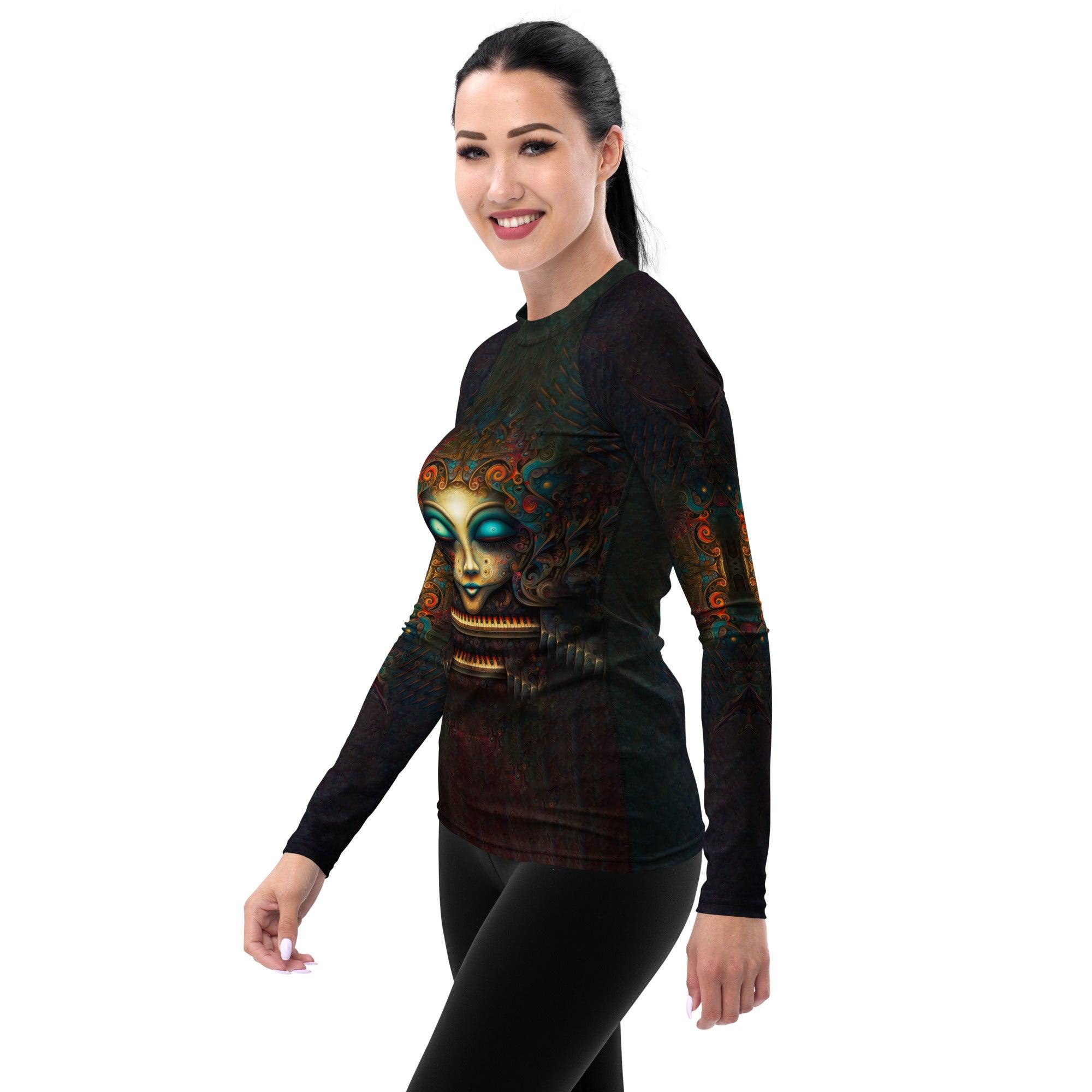 Vintage Visions rash guard for women in action surfing.