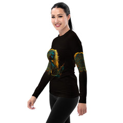 Athletic woman wearing SurArt 129 Rash Guard ready for a swim