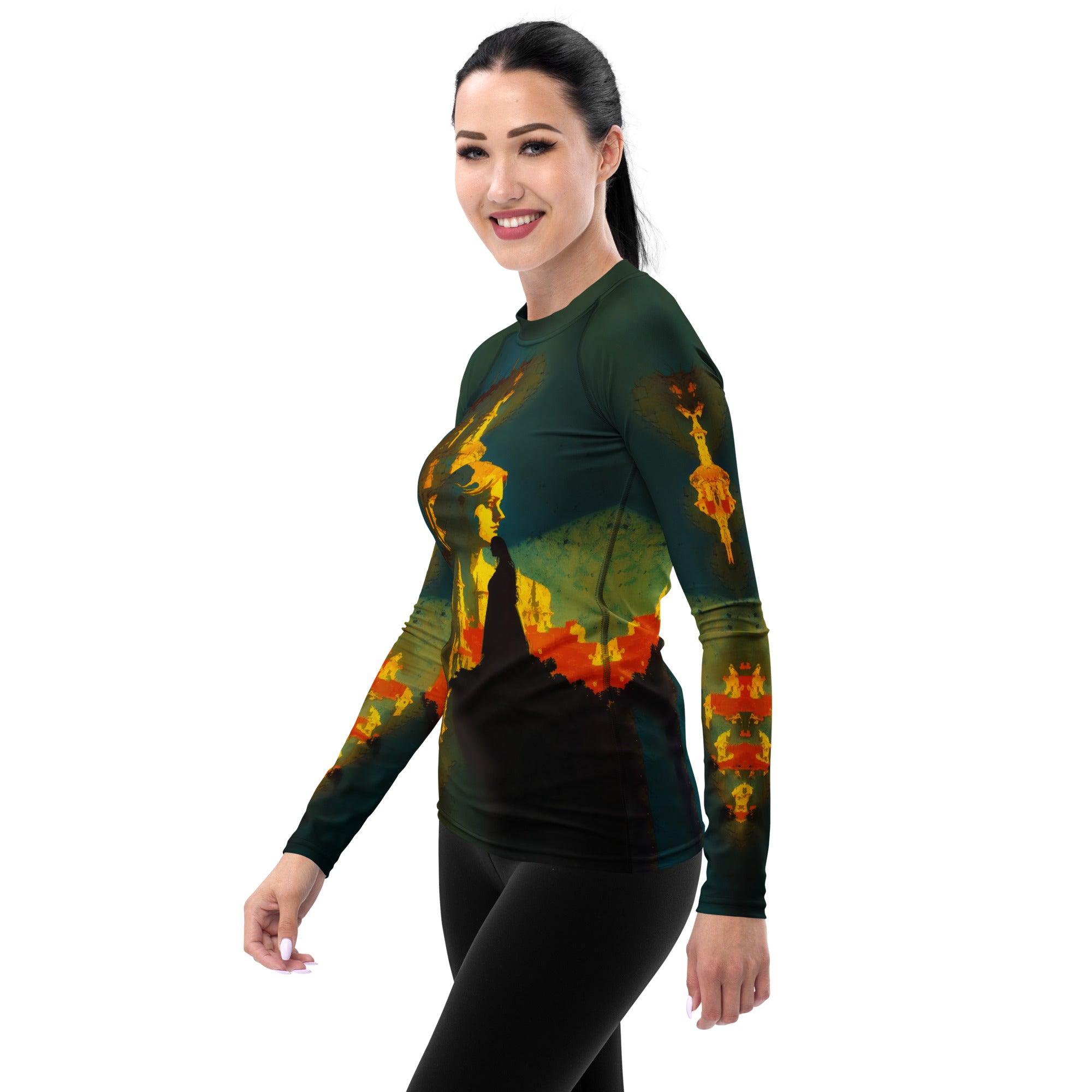 Active woman in SurArt 68 Women's Rash Guard ready for water adventure
