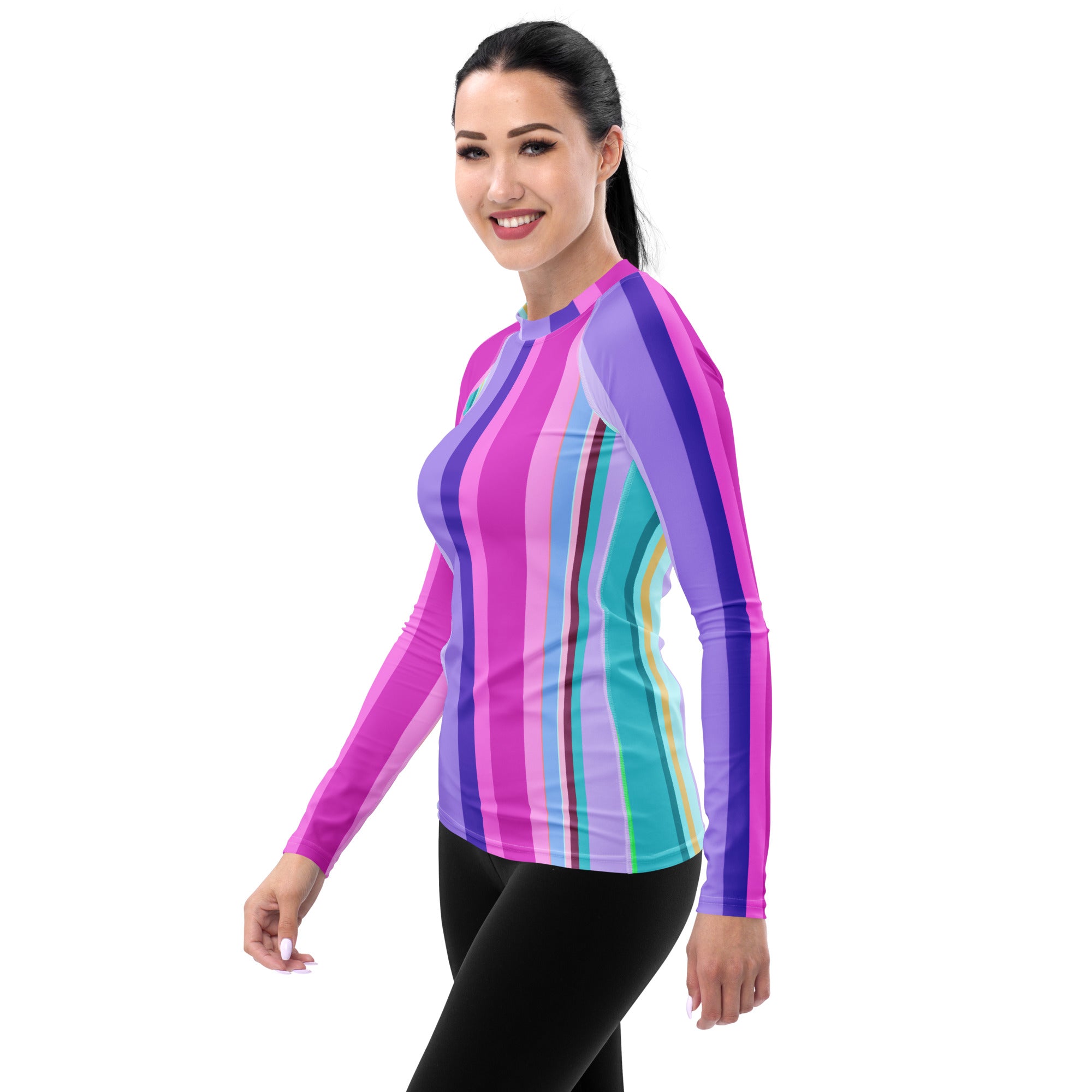 Back view of the Tropical Tango Women's Rash Guard, showcasing the unique tropical design.