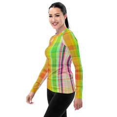 Dive into vibrant colors with the Fiesta Fun Women's Rash Guard, perfect for standing out while surfing or swimming.