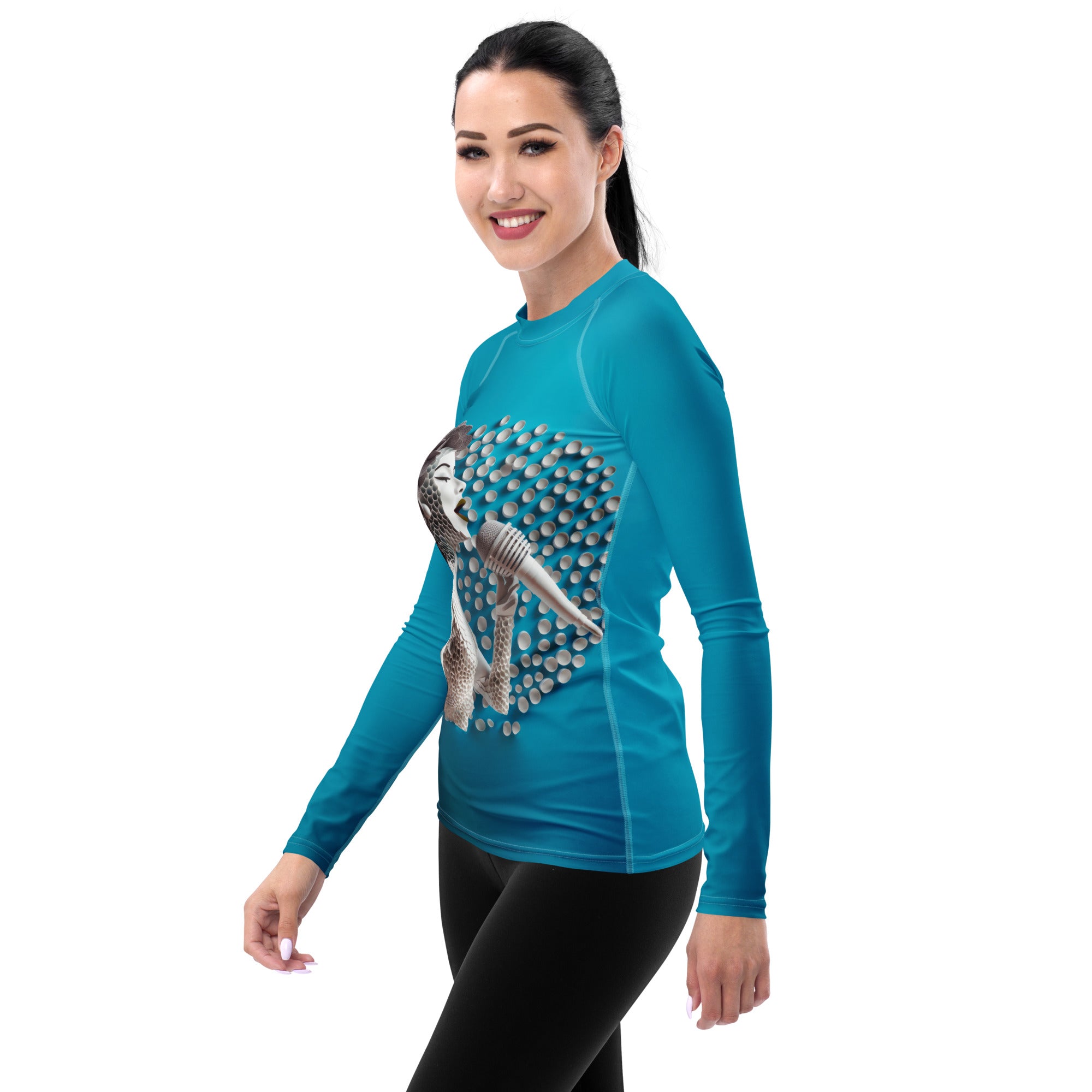 Close-up of the durable material of Vinyl Groove women's rash guard.