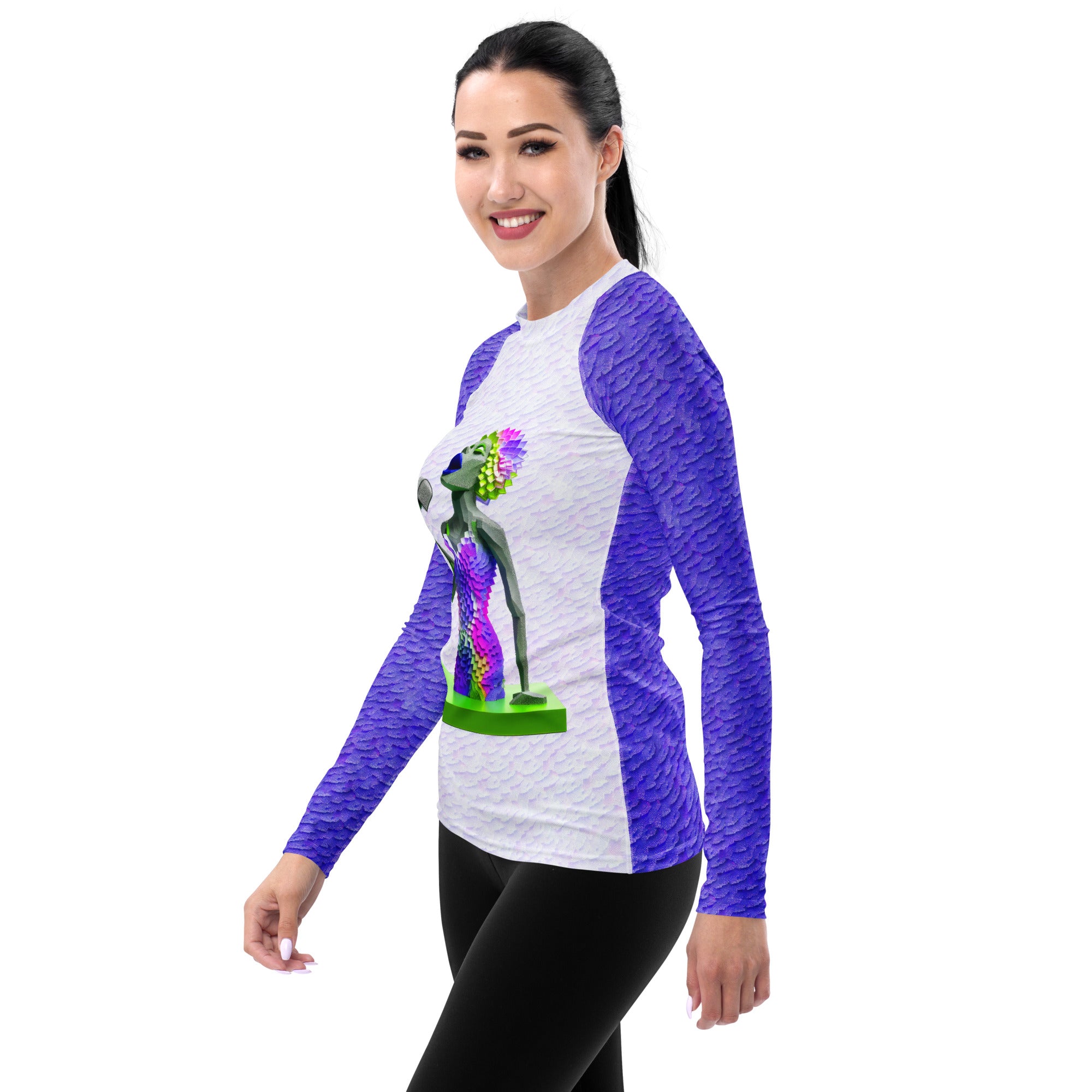 Stylish UV protective women's rash guard with reggae patterns.