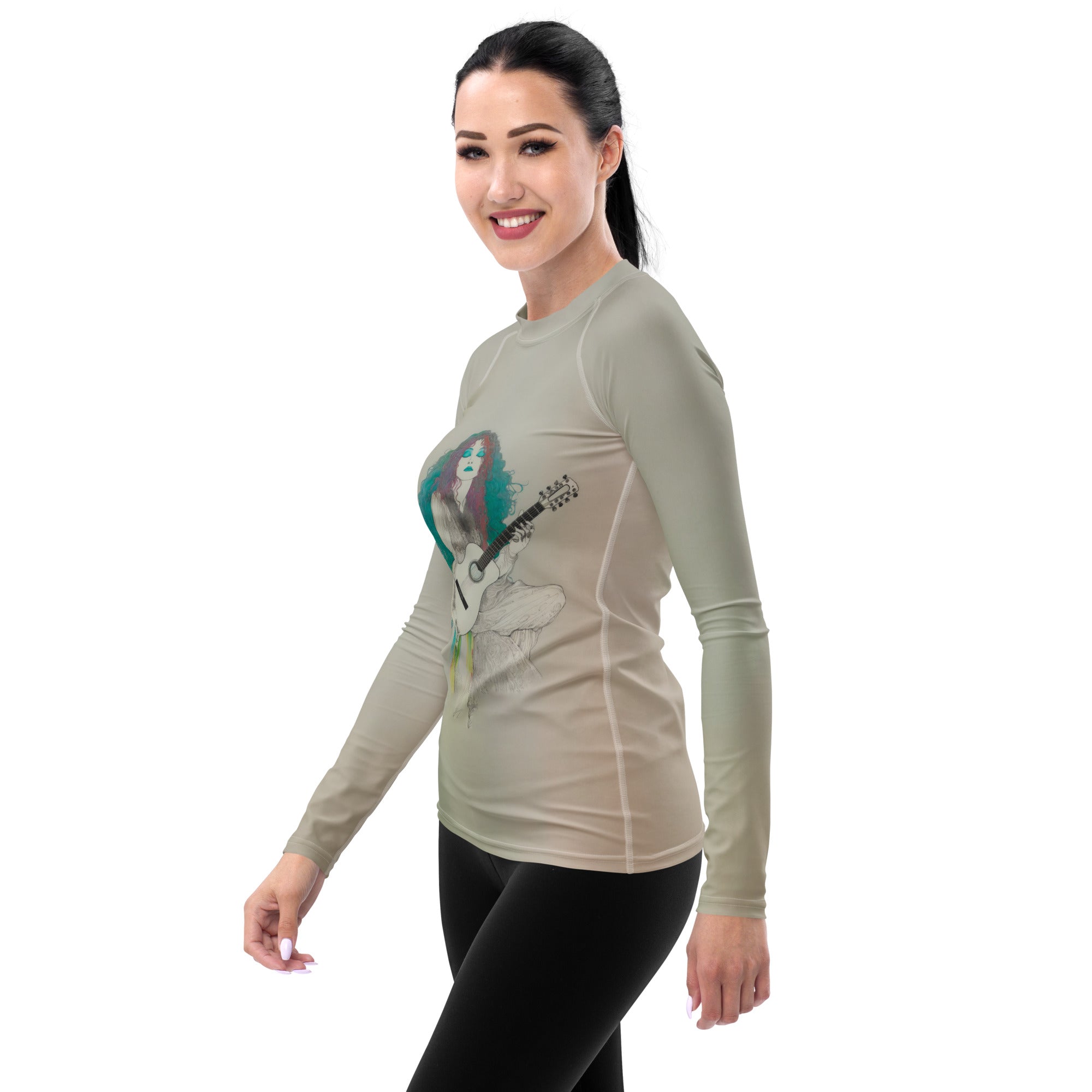 Pop culture icon women's rash guard in action, perfect for swimming and surfing.