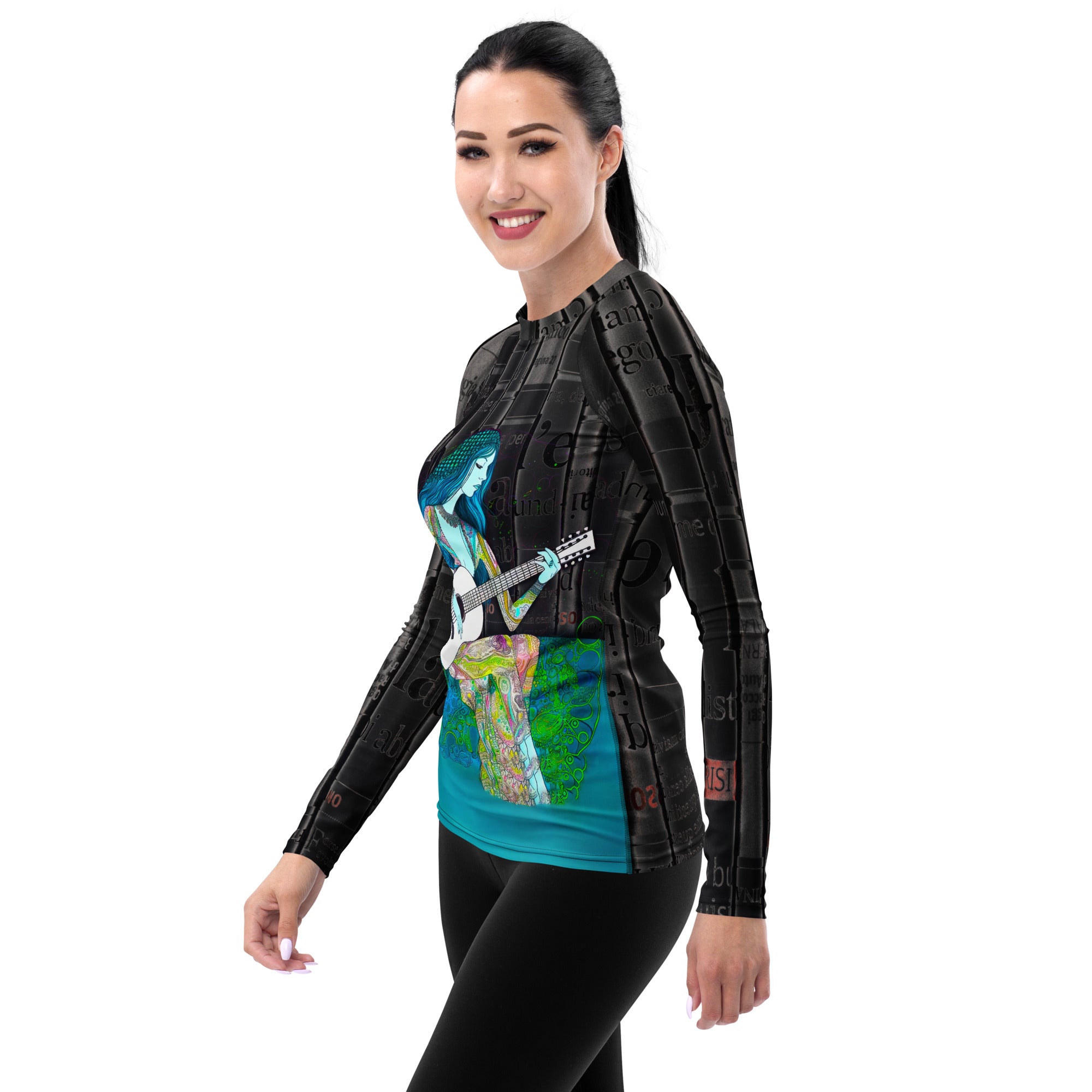 Retro comic strip rash guard for women laid flat.