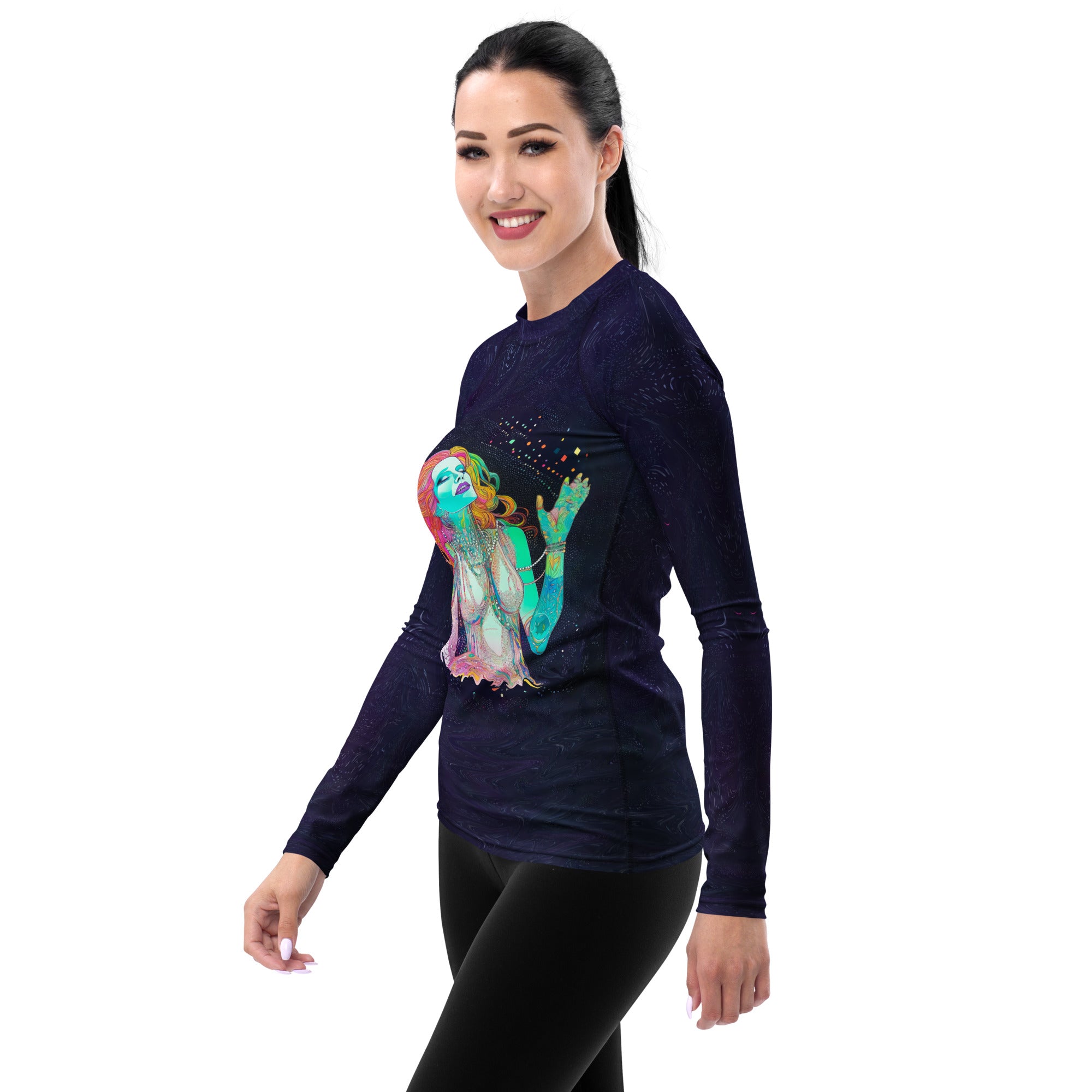 Back view of Meadow Muse Women's Rash Guard with vibrant design