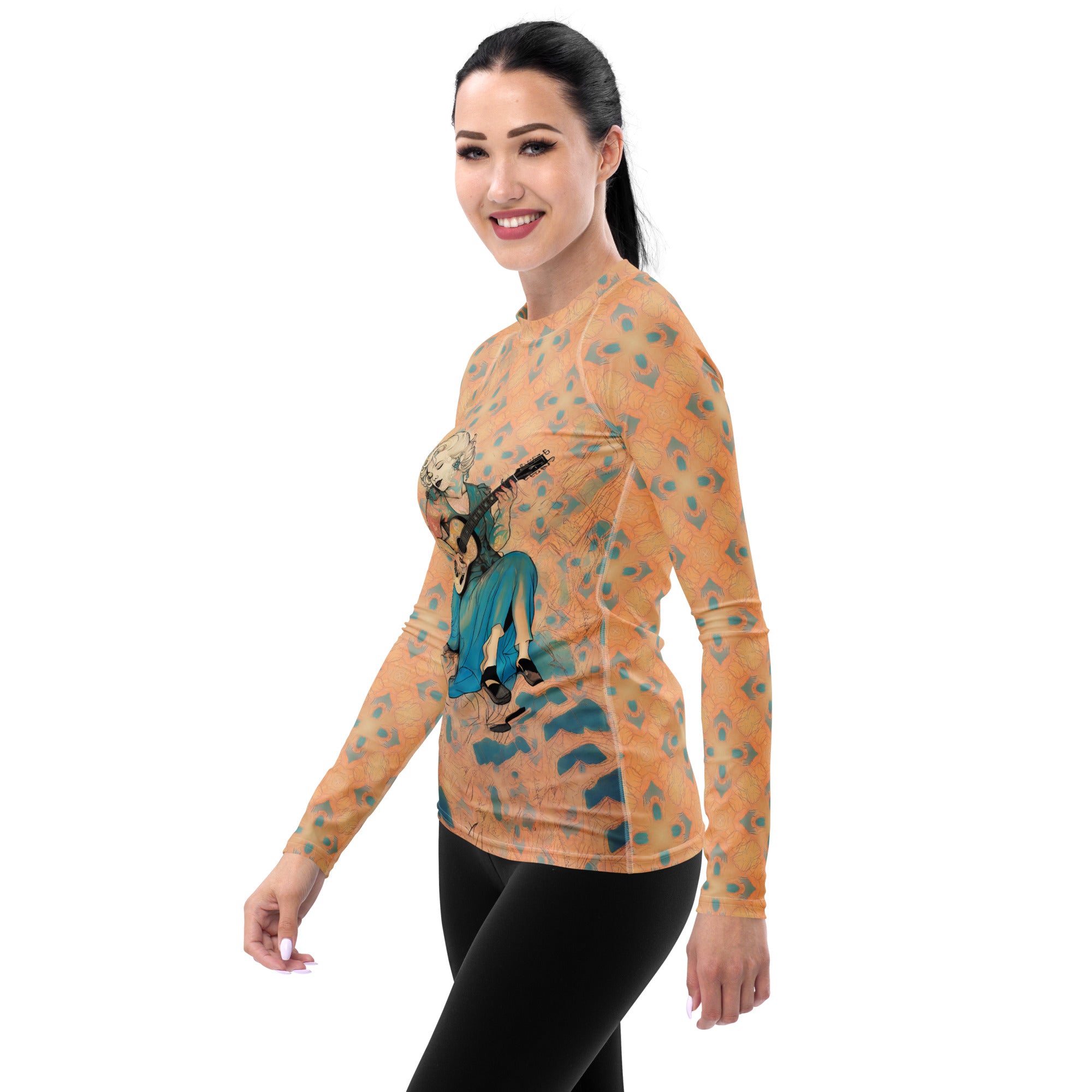 Back view of Meadow Melody Women's Rash Guard highlighting its fit