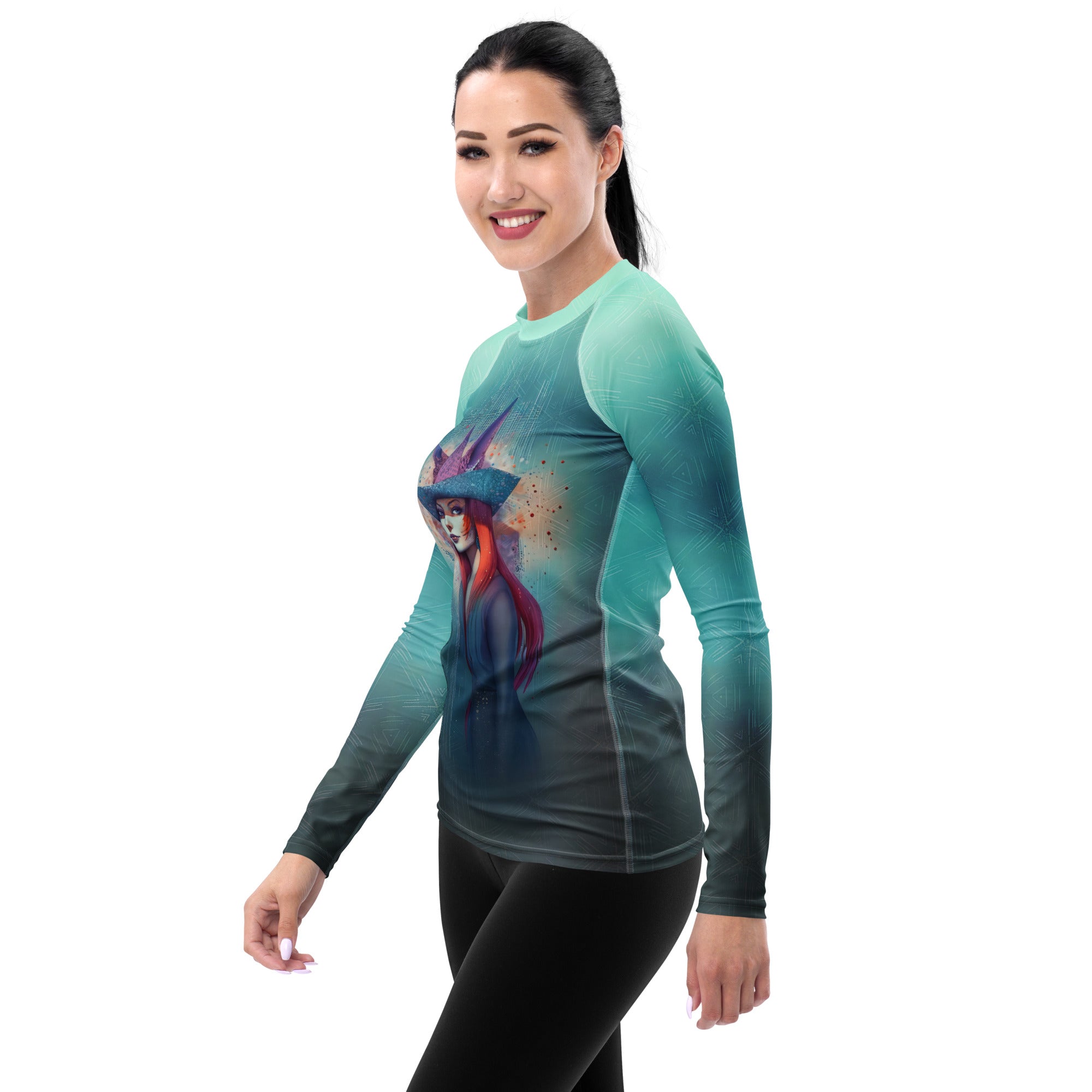 Woman surfing wearing Aurora Wave Rash Guard