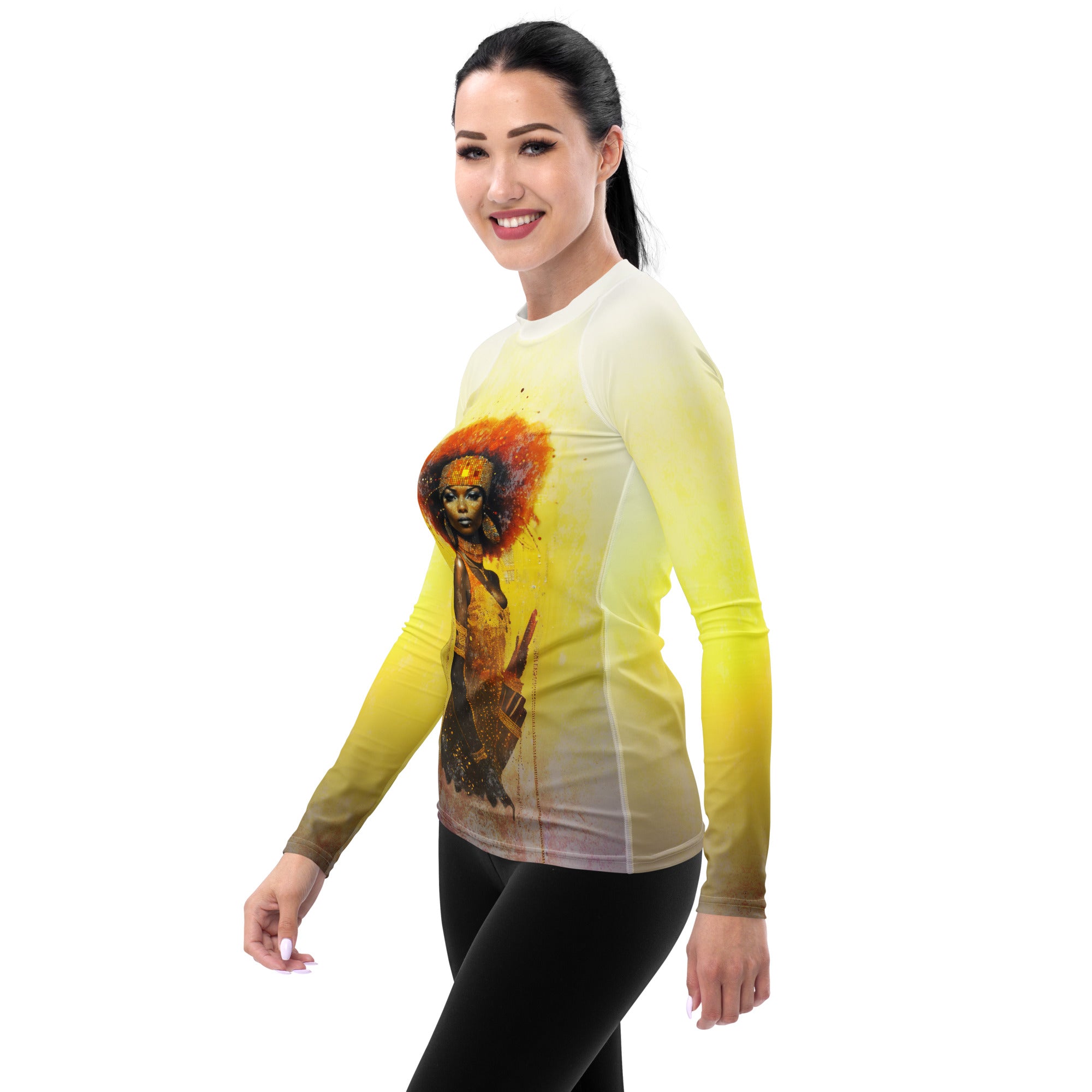 Long-sleeve women's rash guard with colorful Northern Lights pattern.