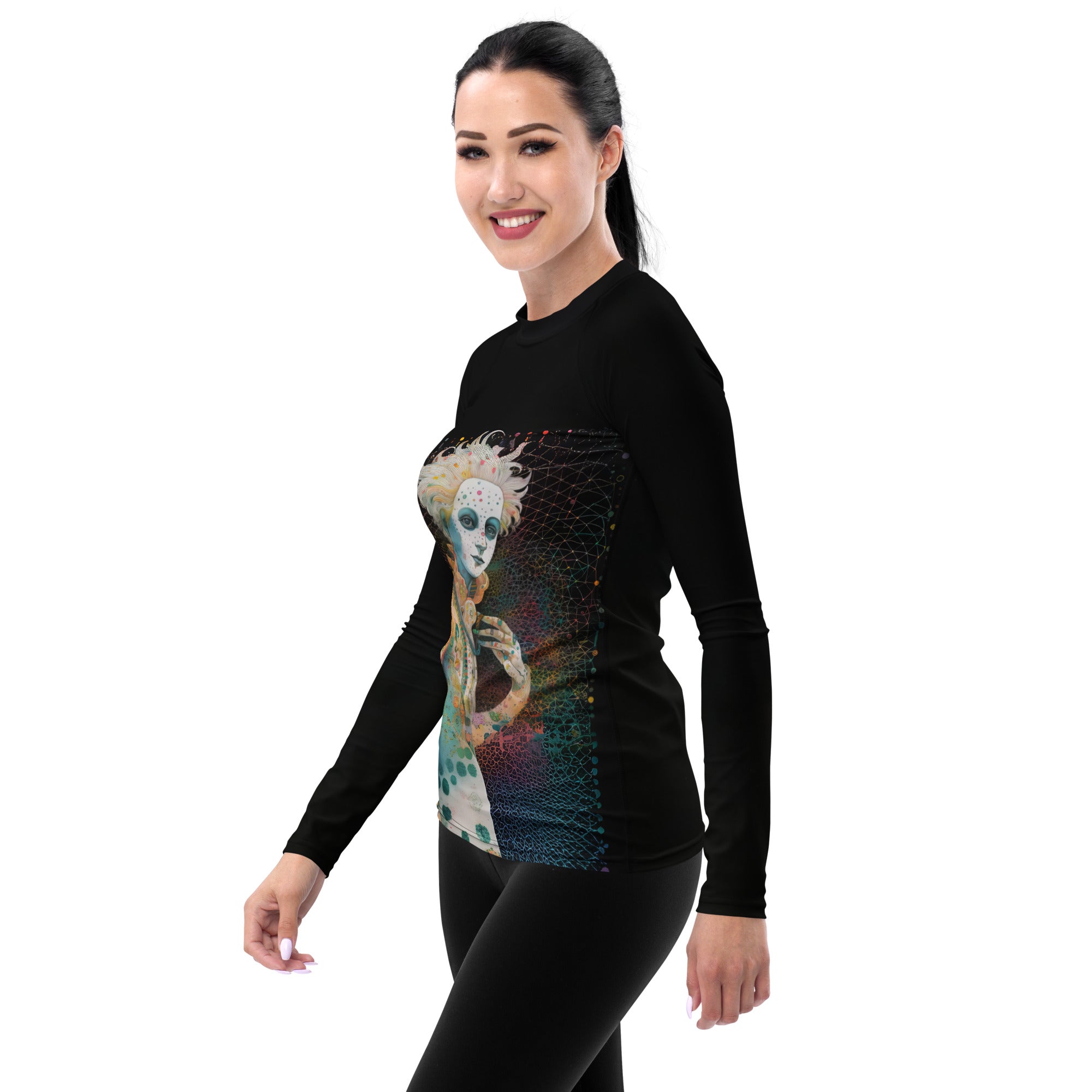 Harmony Melodies women's rash guard displayed flat for viewing.