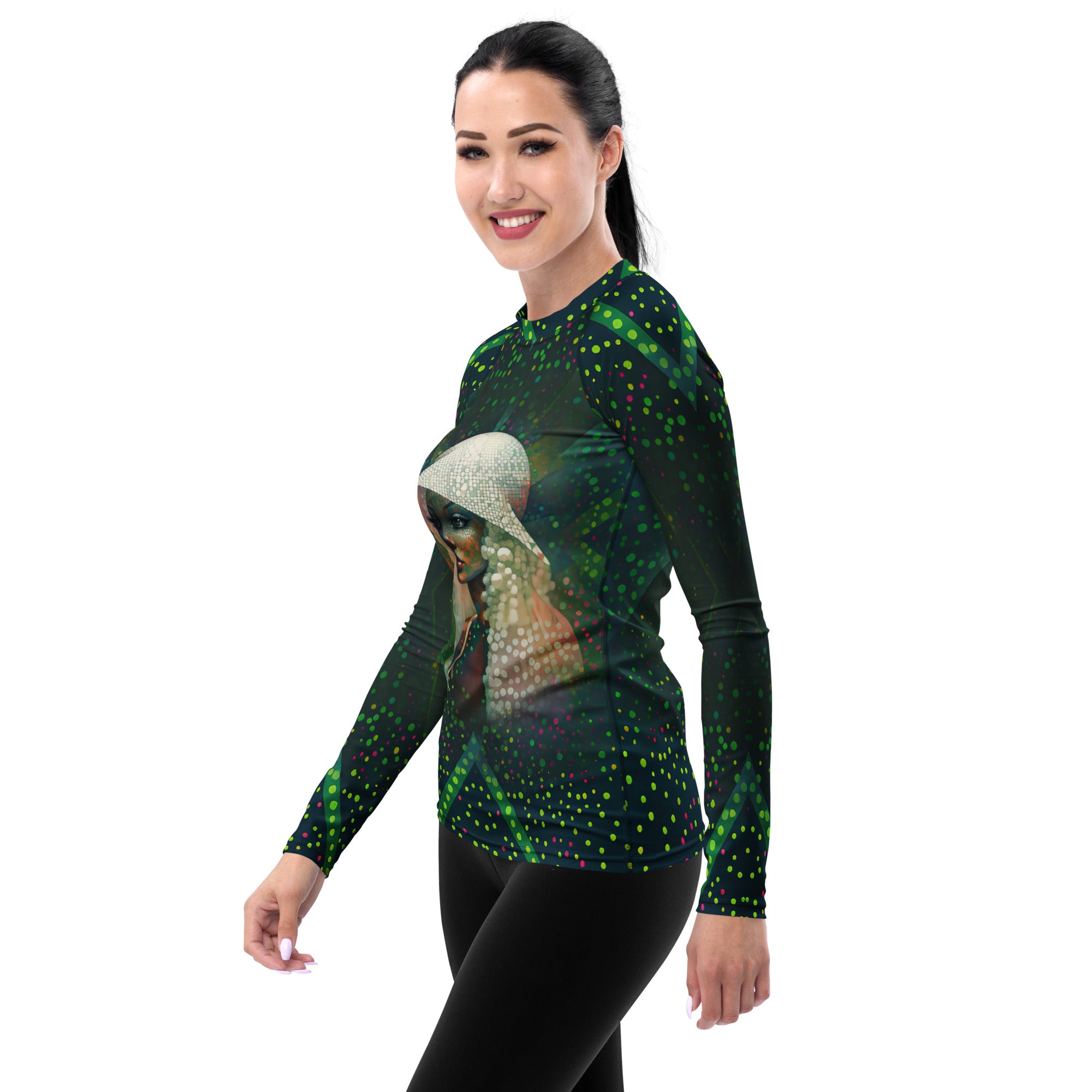 Beyond Elegance All-Over Print Women's Rash Guard side view.