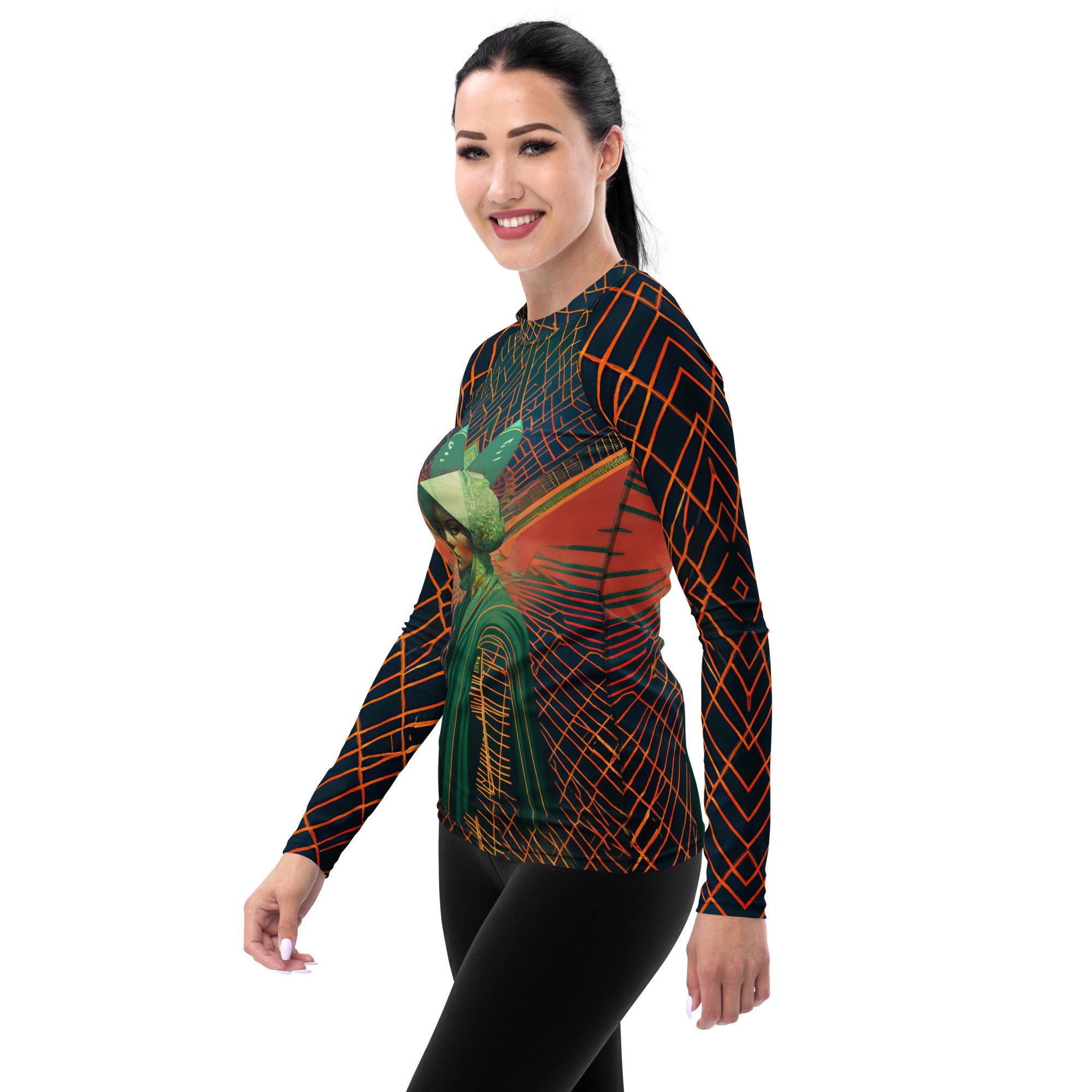 Mystic Waves All-Over Print Women's Rash Guard pattern close-up.