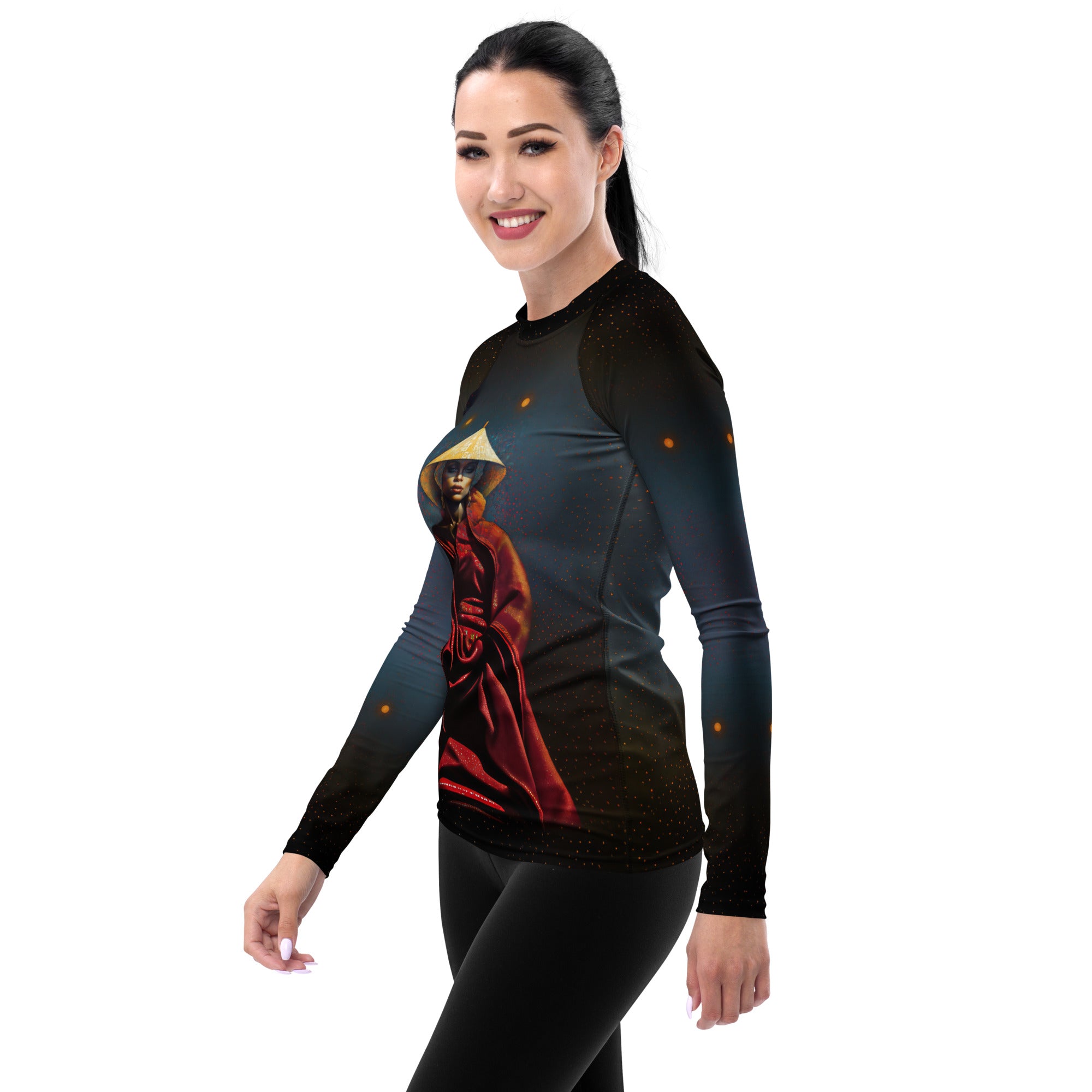 Retro Revival All-Over Print Women's Rash Guard side view.