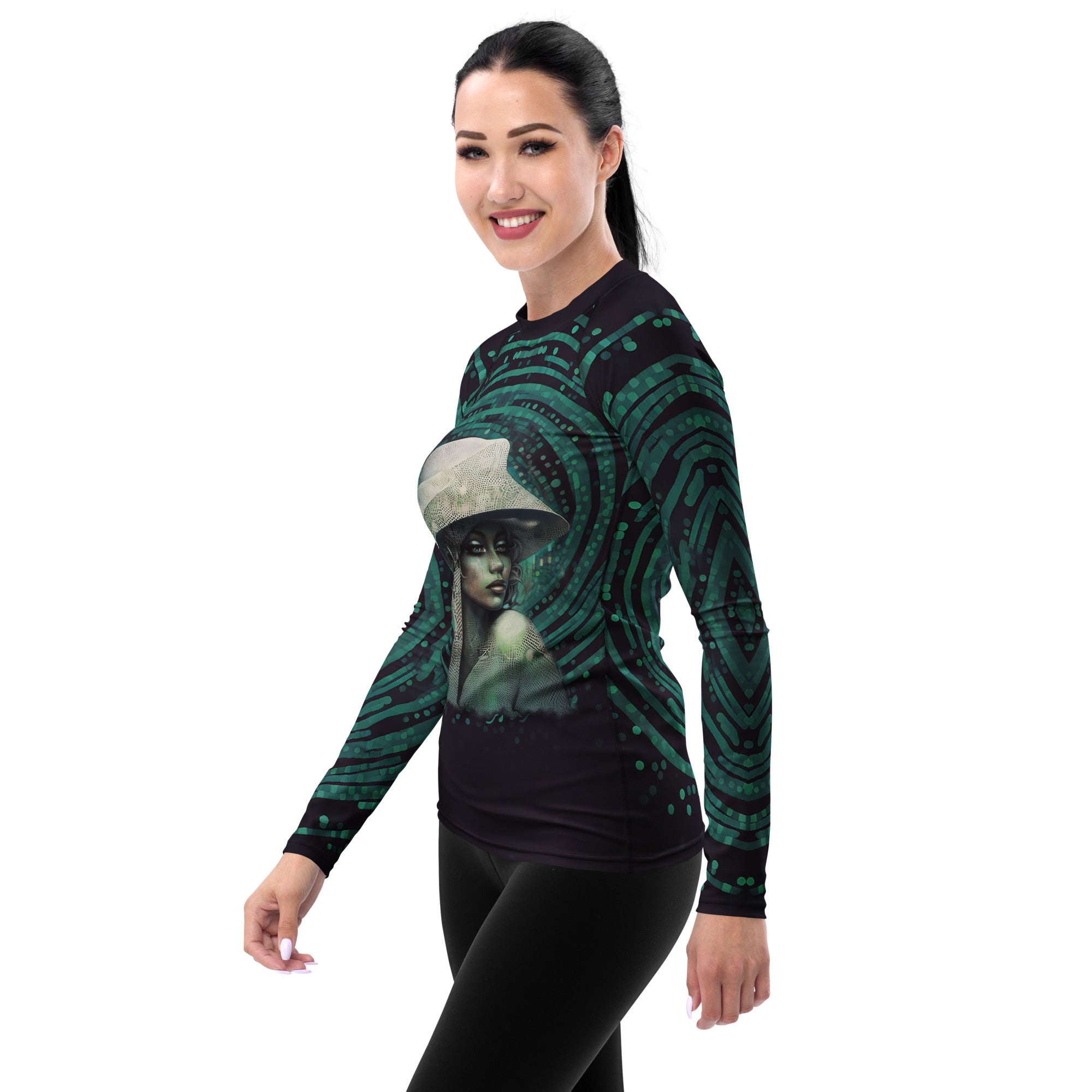 Dreamscape All-Over Print Women's Rash Guard side view.