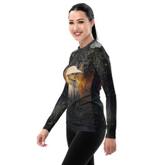 Galactic Dreams All-Over Print Women's Rash Guard galaxy pattern close-up.