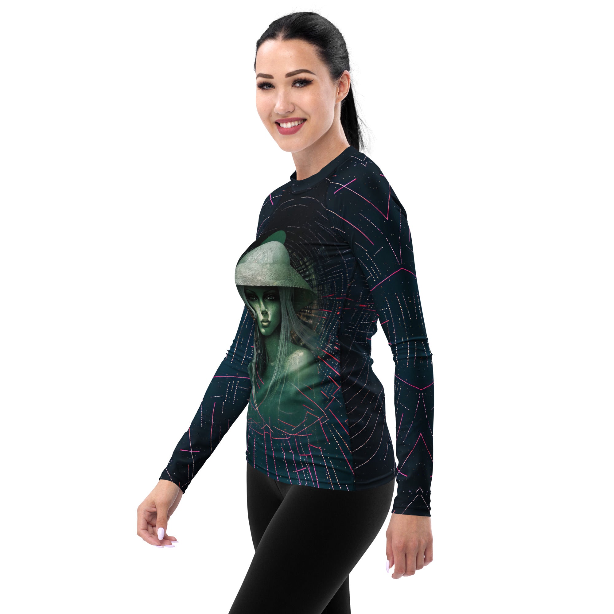 Serene Symphony All-Over Print Women's Rash Guard side view.