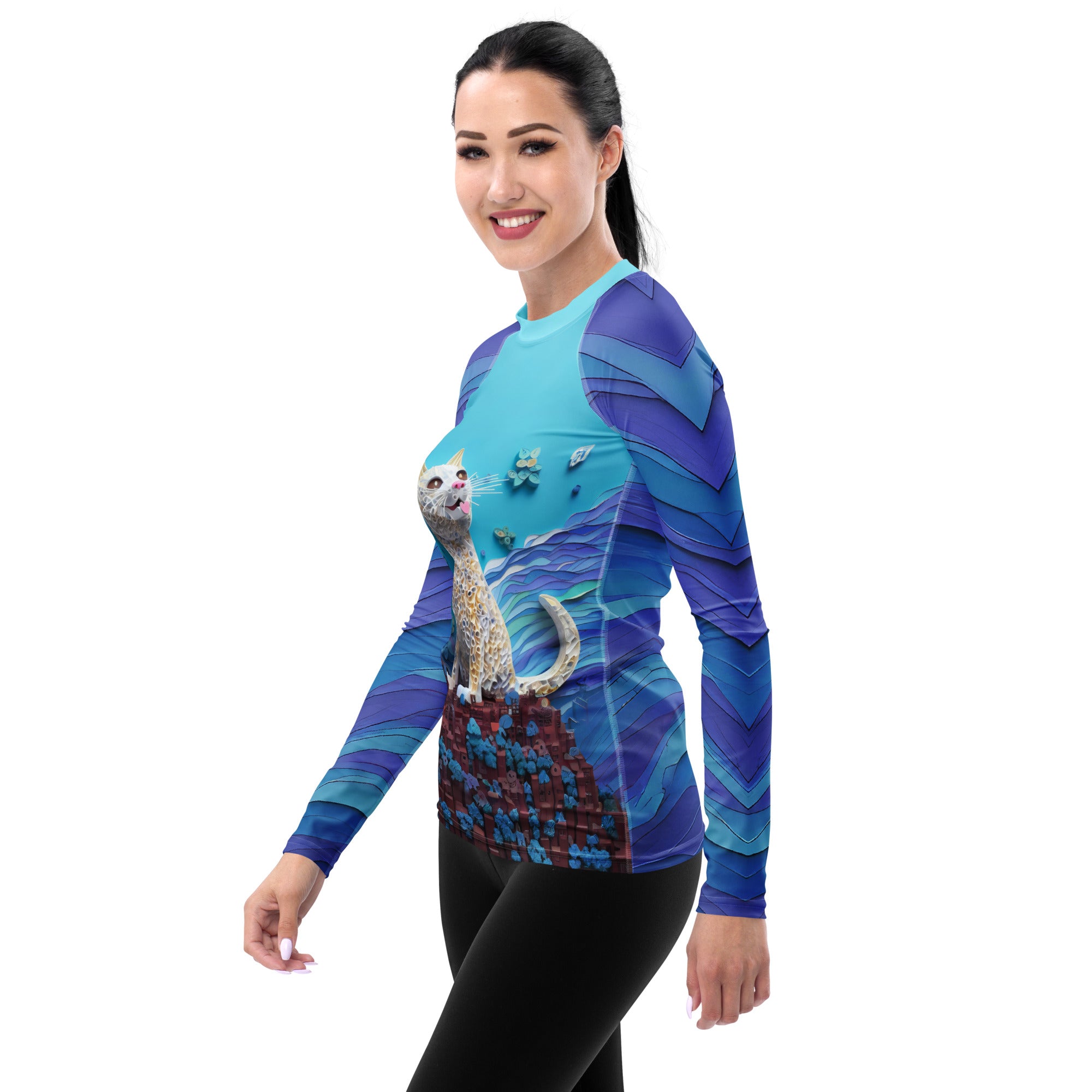 Durable rash guard with Mystic Mountains Kirigami artwork.