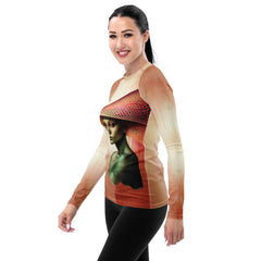 Stylish women's rash guard with artistic design.