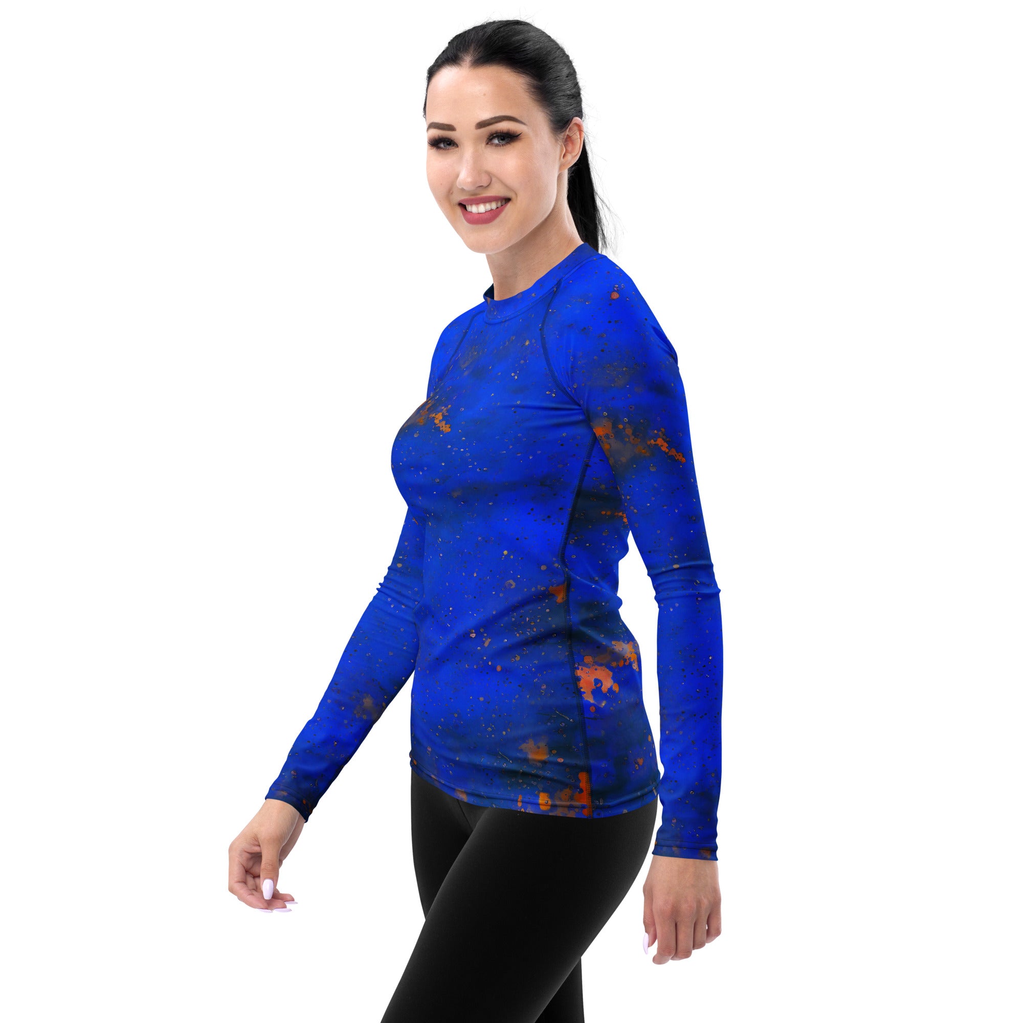 Bright and artistic paint splash rash guard for women.