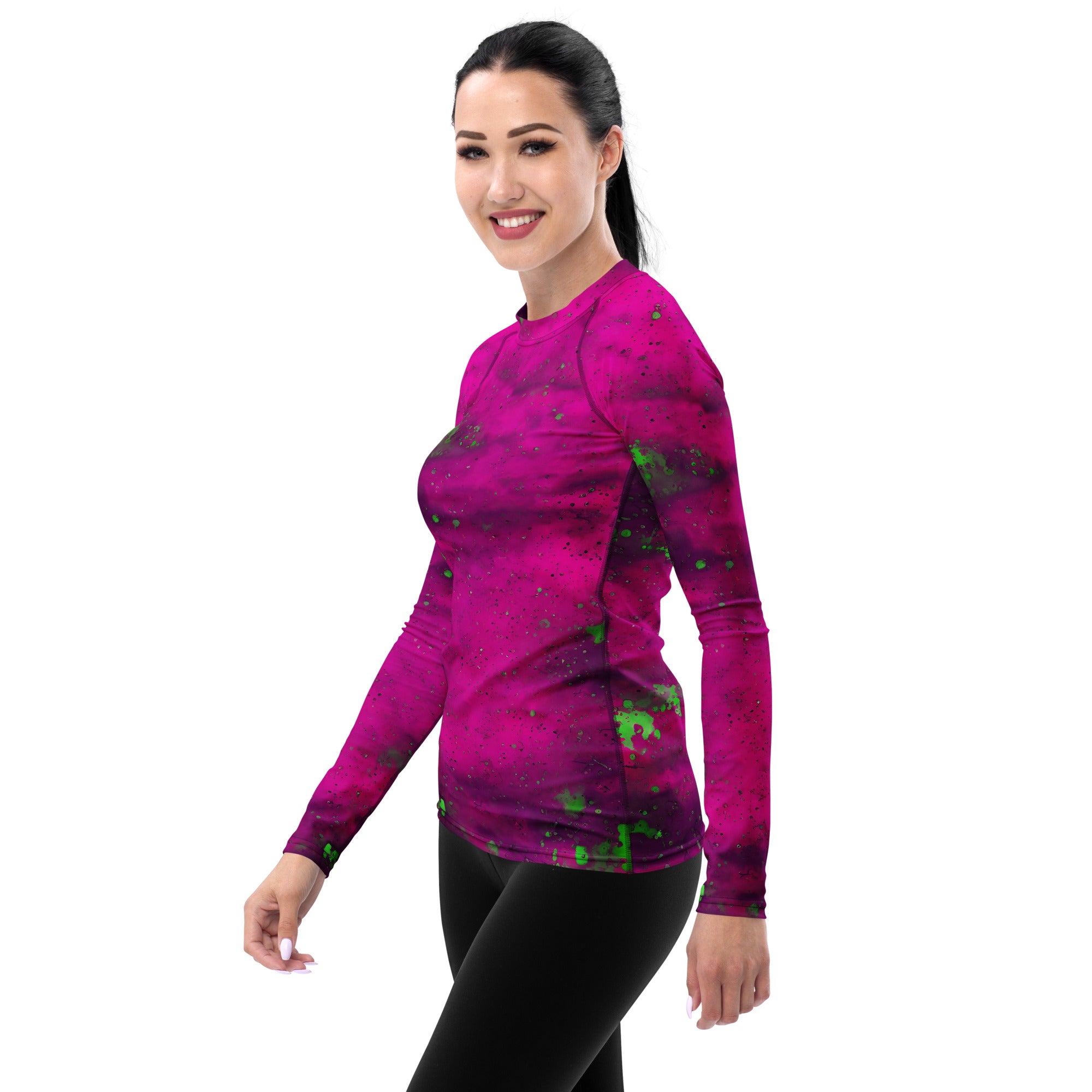 Fashionable wine spill chic rash guard for swimming.