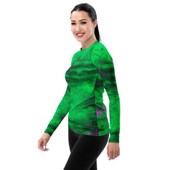 Protective and fashionable mud splatter rash guard for women.