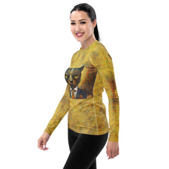 Woman wearing Whisker Wonderland Cat rash guard at the beach