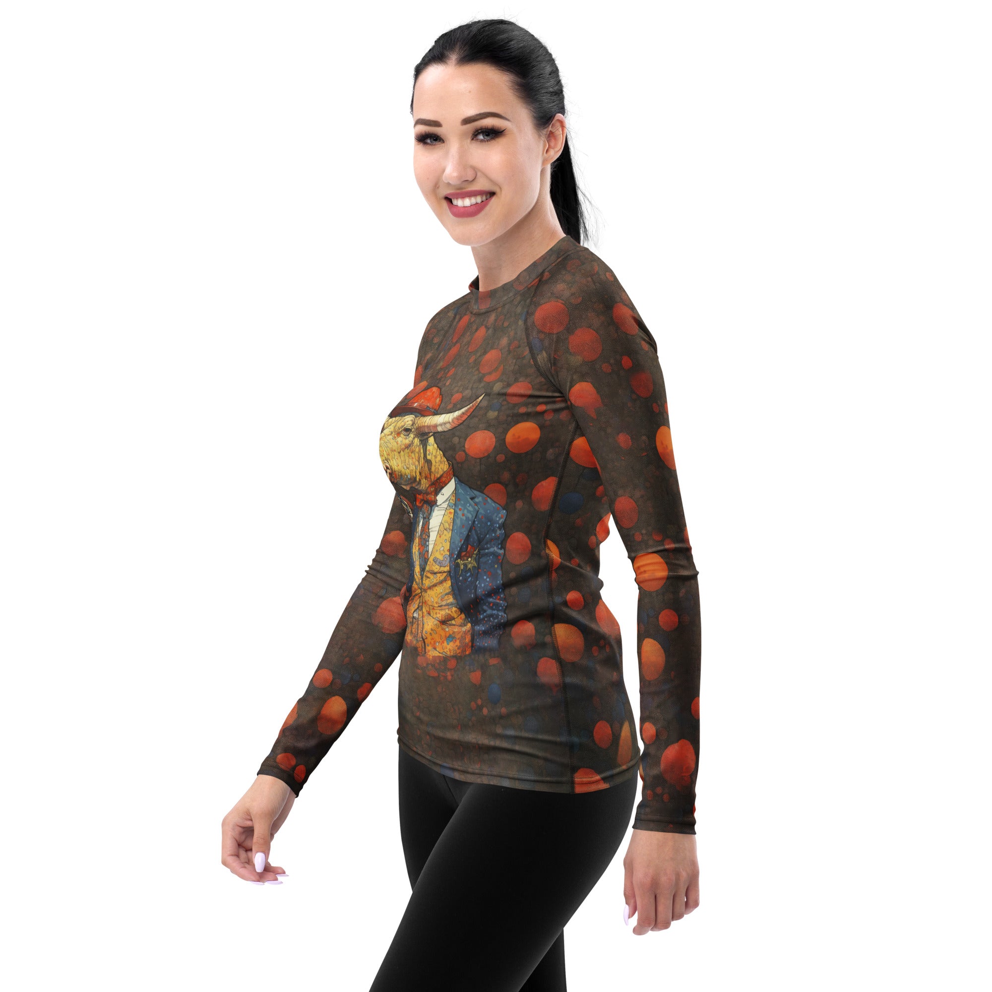 Protective sun-safe Women's Rash Guard featuring buffalo artwork