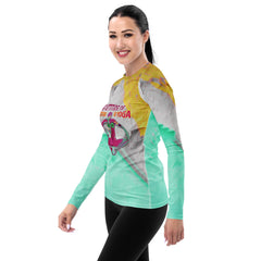 Women's yoga rash guard featuring Downward Dog pose.