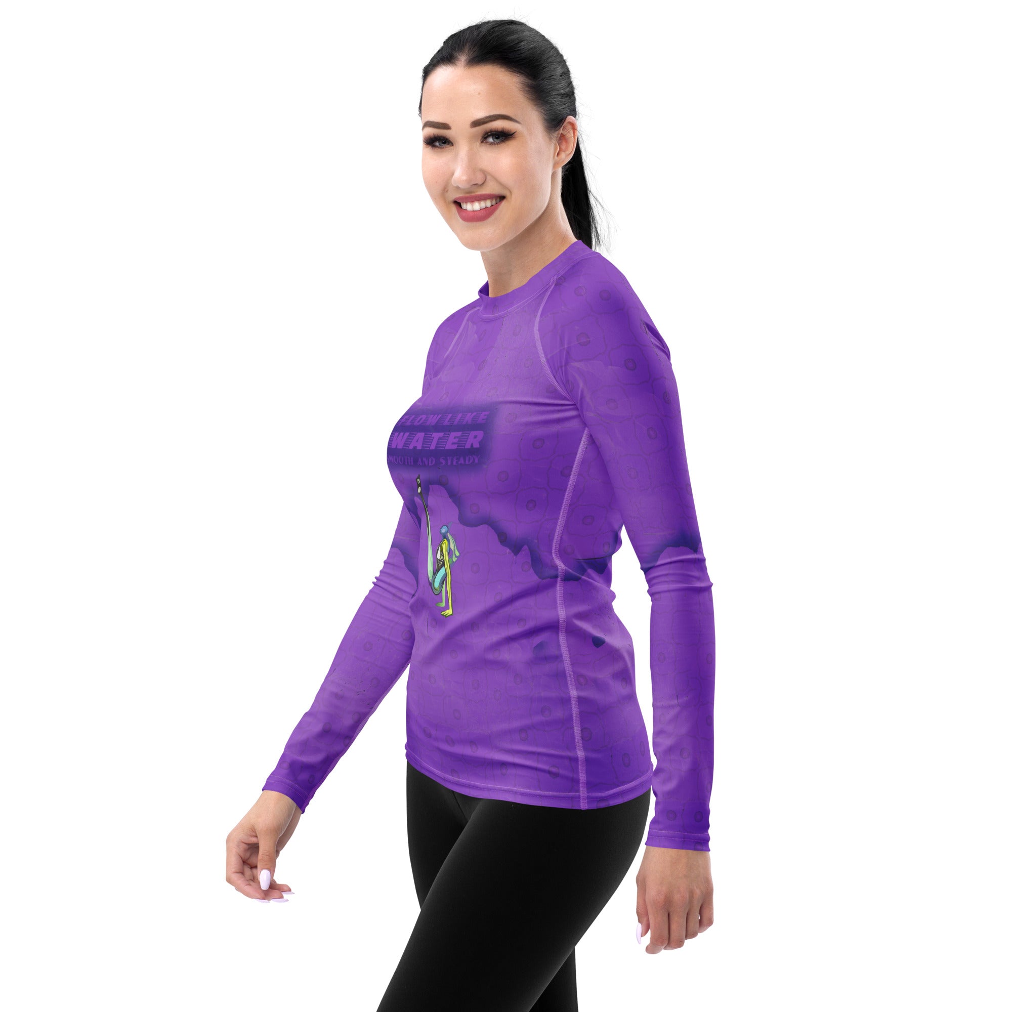 Serenity-themed Lotus Pose women's rash guard for yoga.