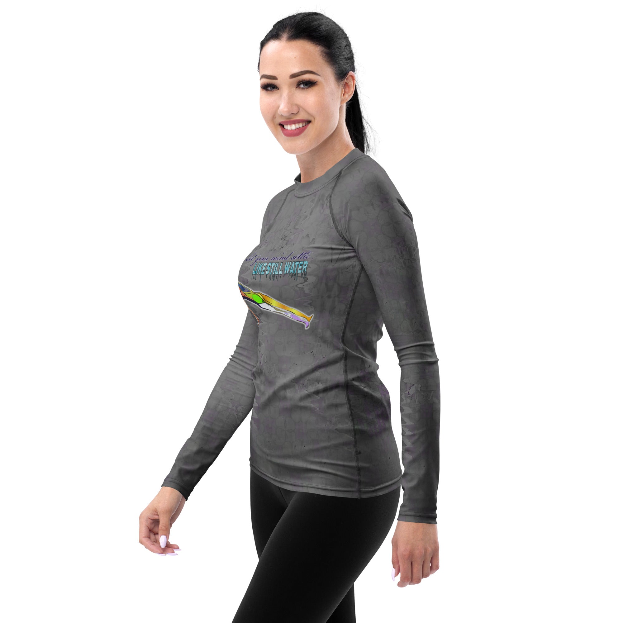 Downward Dog themed women's rash guard for yoga and fitness.