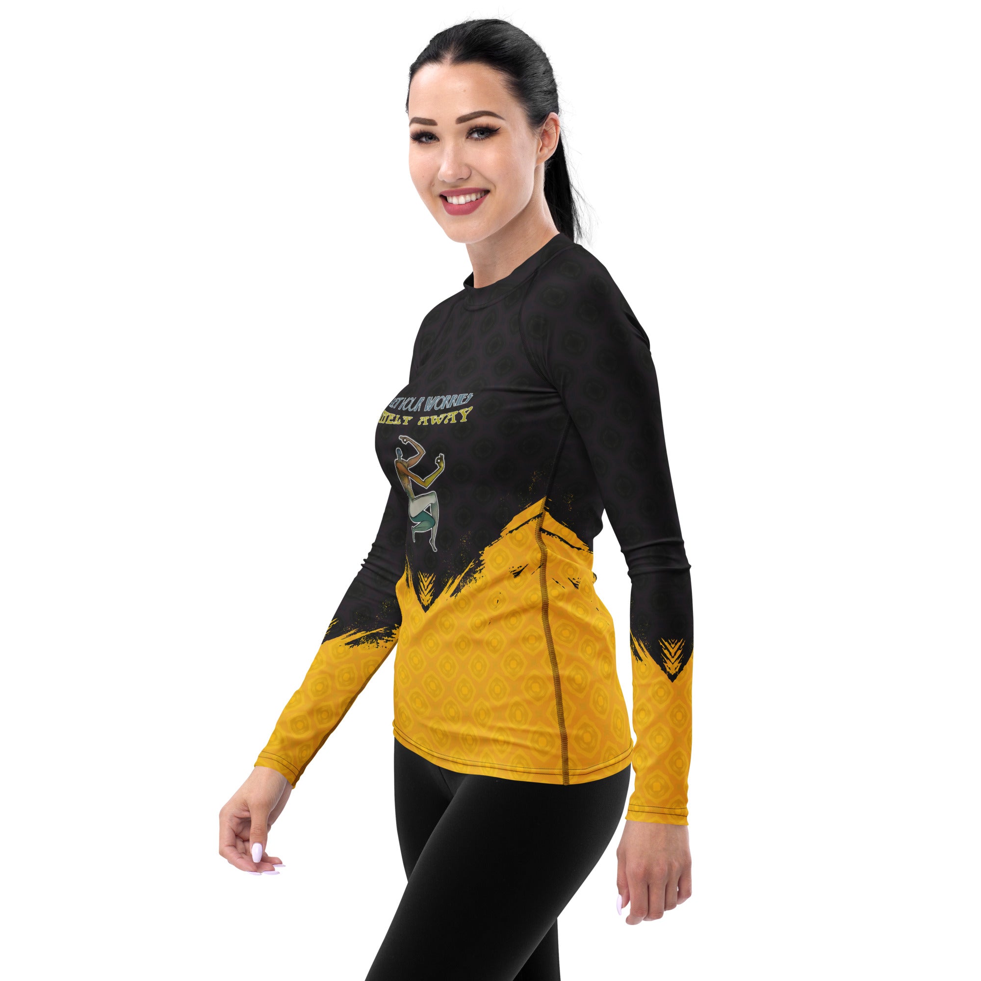 Gentle and protective Child's Pose women's rash guard.