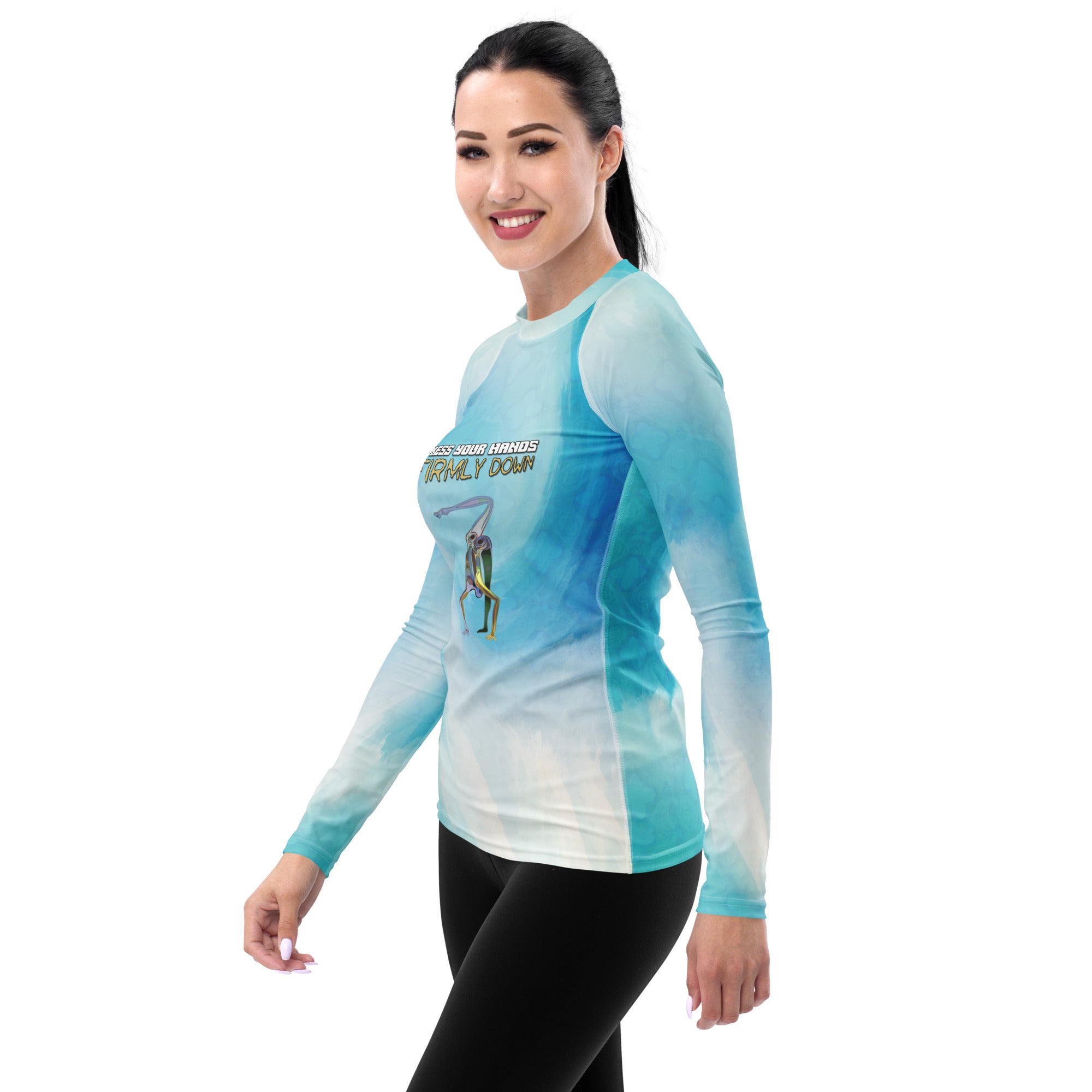 Cat-Cow Pose themed rash guard for yoga and fitness.