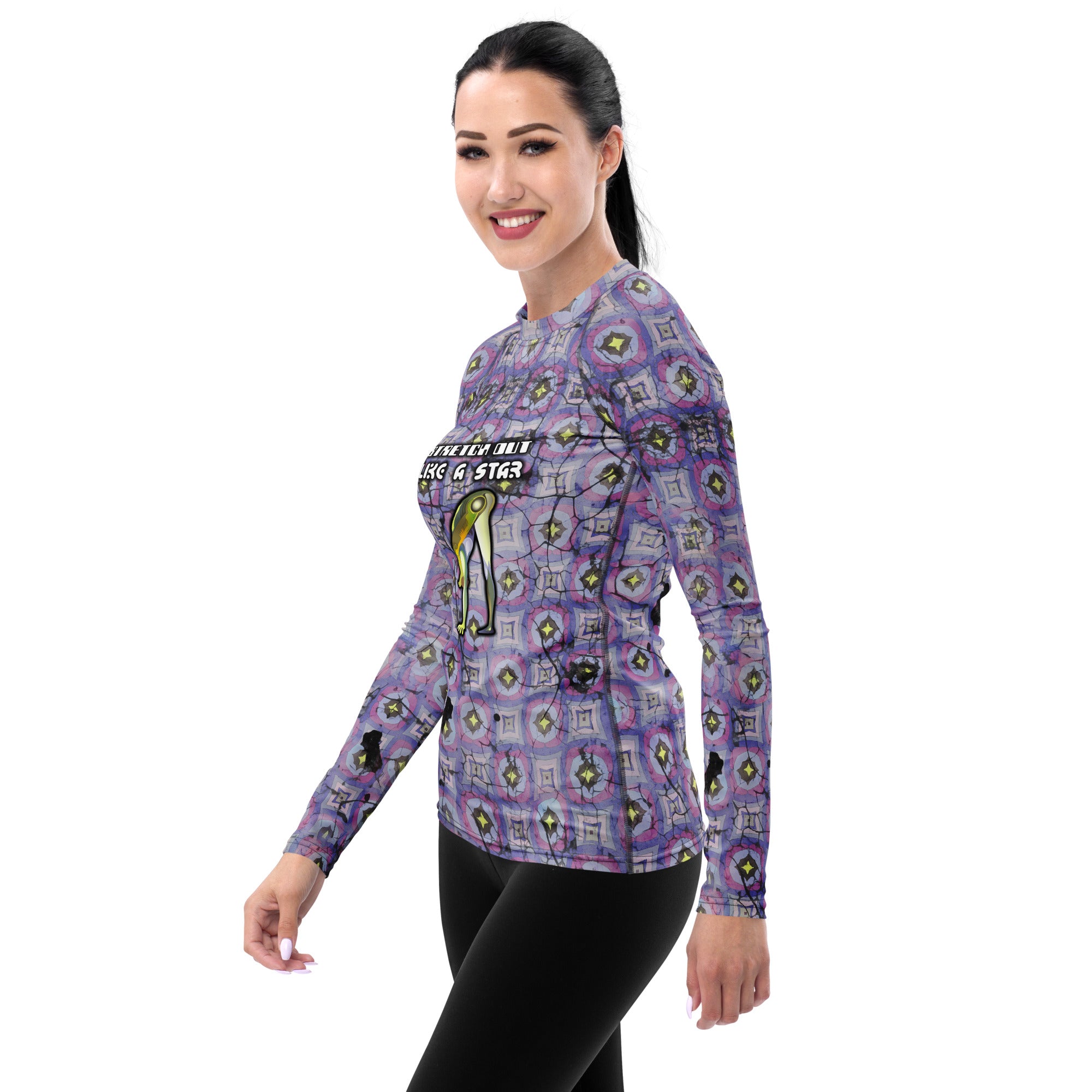 Comfortable and flexible women's rash guard with Camel Pose design.