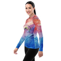 Performance rash guard with Boat Pose motif for active wear.