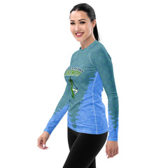 Stylish and balanced Half Moon Pose women's rash guard.