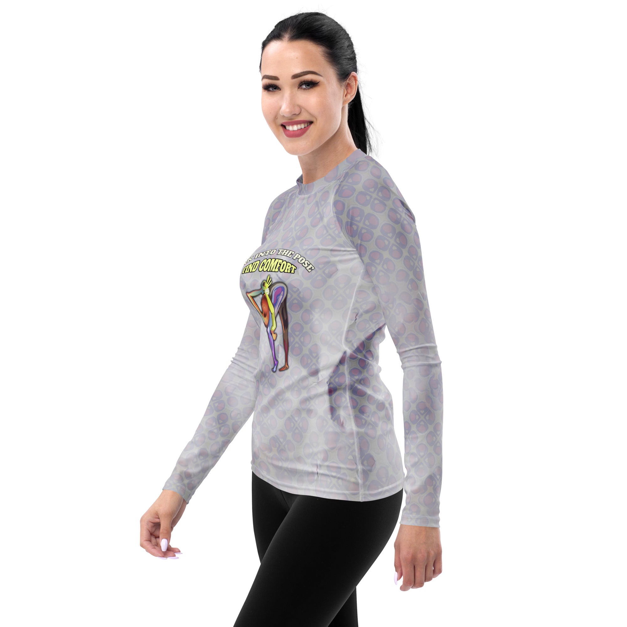 Stylish and strong Dancer Pose women's rash guard.