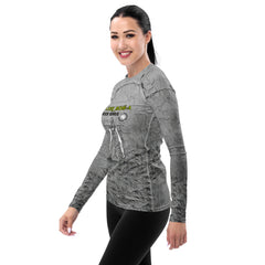 Women's rash guard featuring Side Plank Pose for core stability.