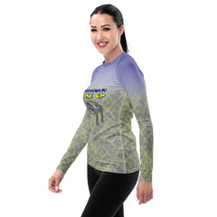 Fish Pose themed women's rash guard for relaxation.