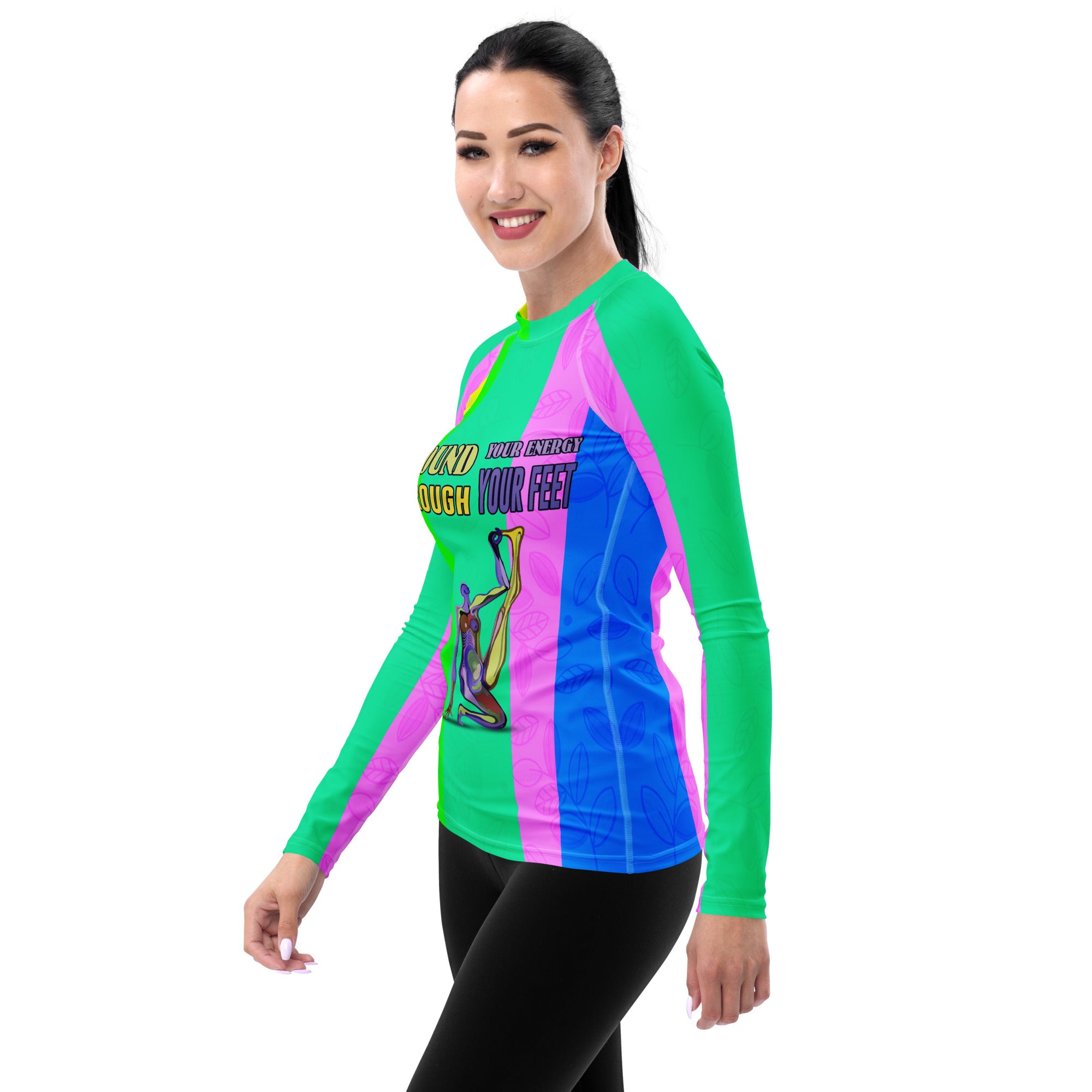 Oceanic Calm Women's Rash Guard with close-up on fabric details.