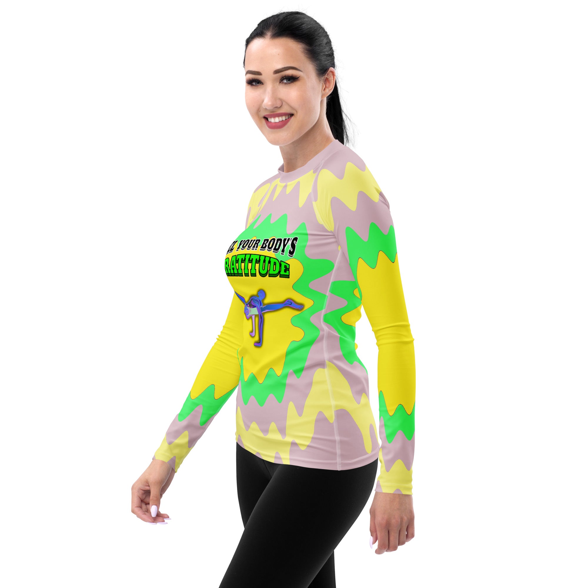 Back view of stylish women's rash guard for outdoor sports.