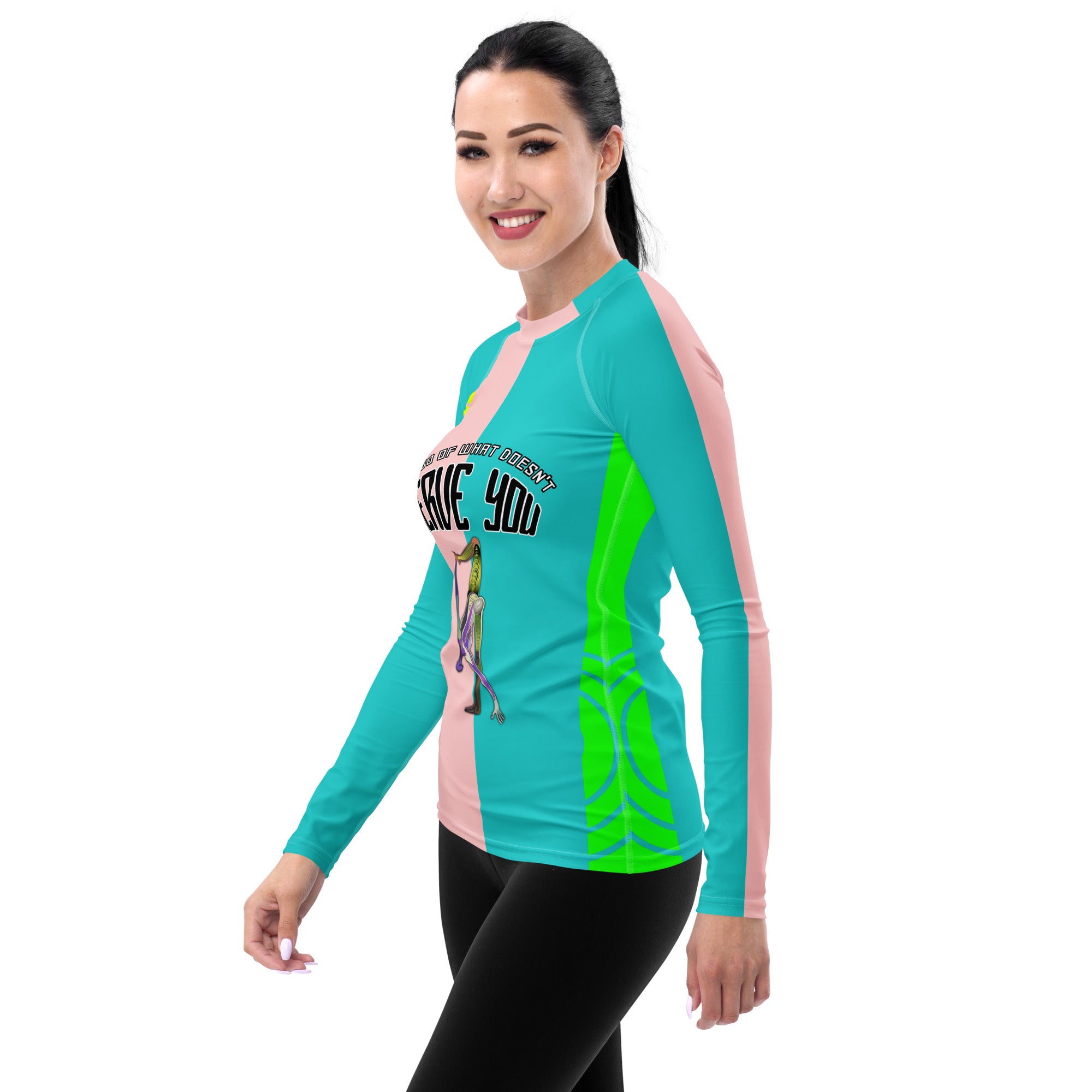 Enlightenment Edge Women's Rash Guard side profile in action.
