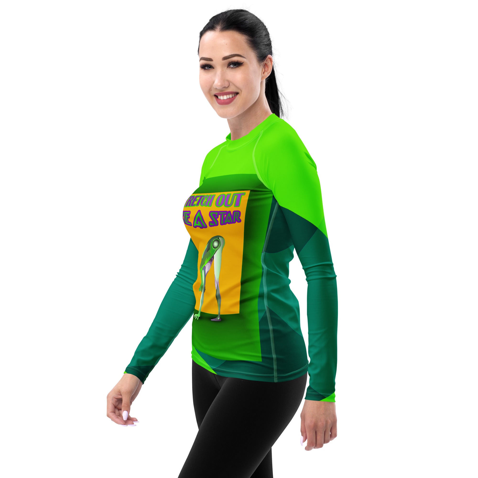 Women's athletic rash guard for yoga and outdoor sports.