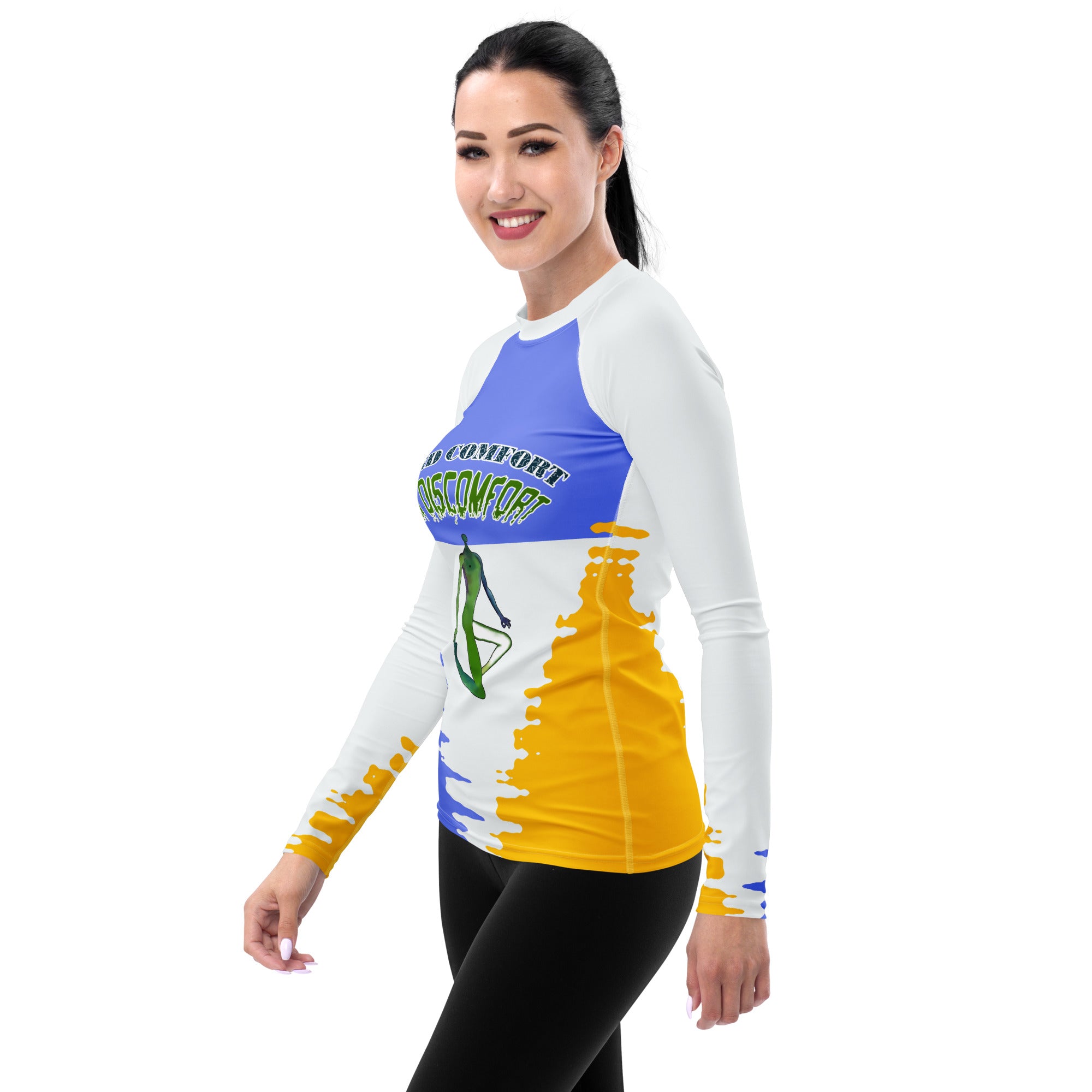 Pure Pose Women's Rash Guard displayed with matching leggings and accessories.

