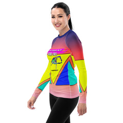 Vortex Vinyasa women's rash guard in outdoor yoga setting.