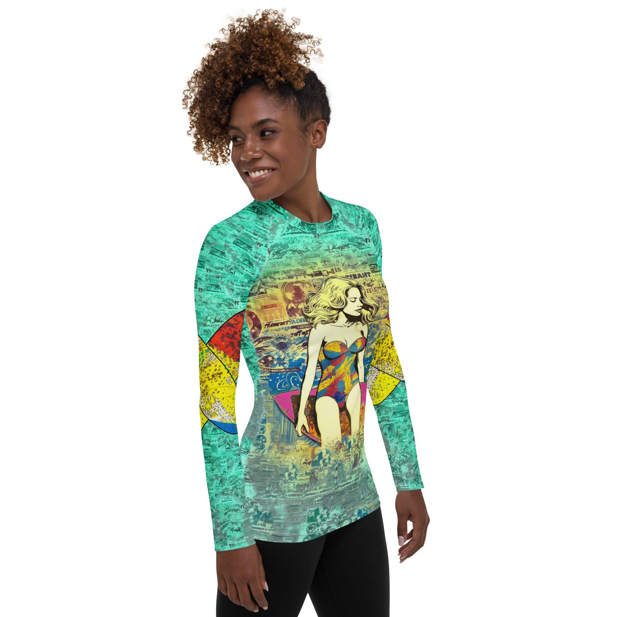 Vibrant design Surfing 1 23 Women's Rash Guard, ensuring safety and style while catching waves.