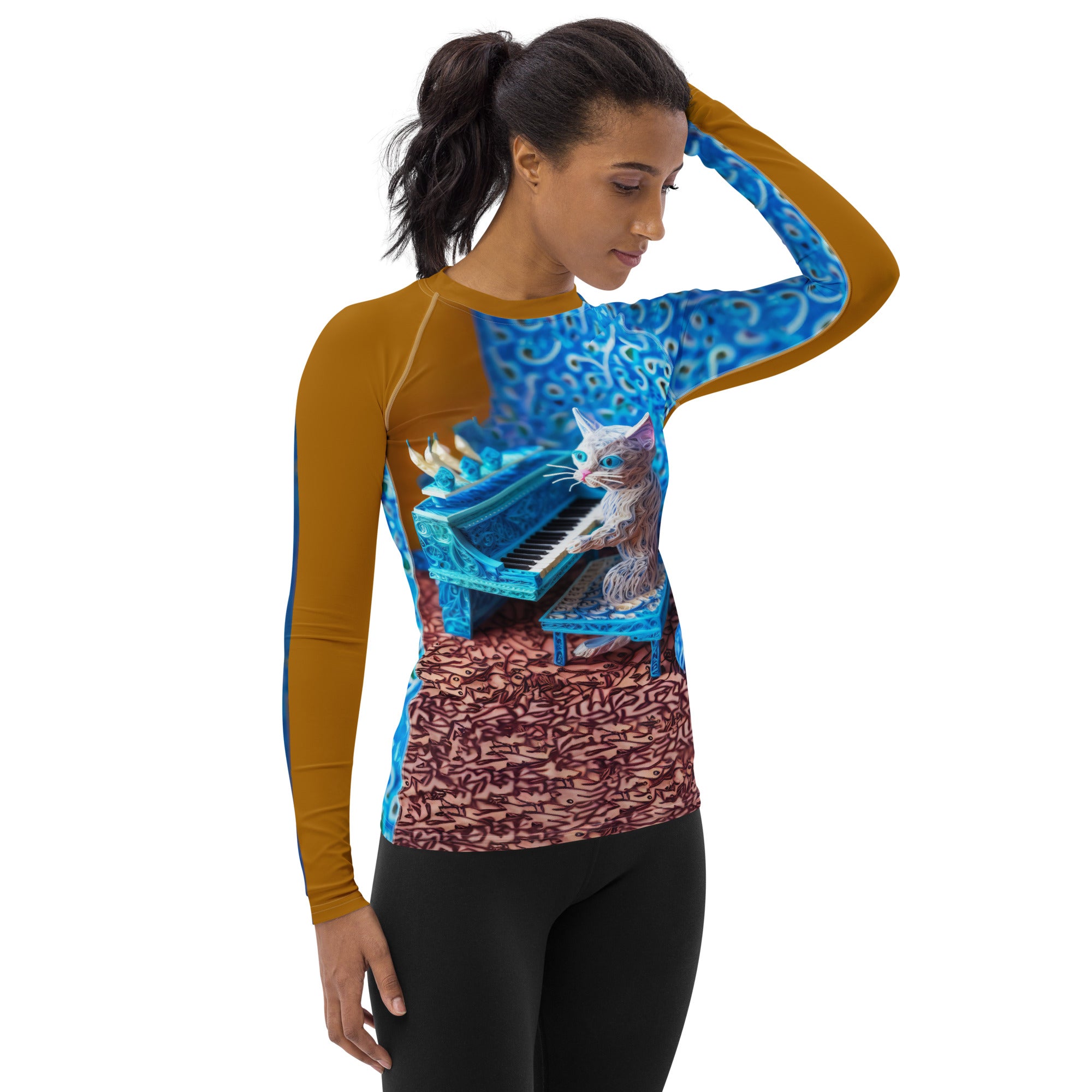 Stylish and durable dragon lore rash guard for women.