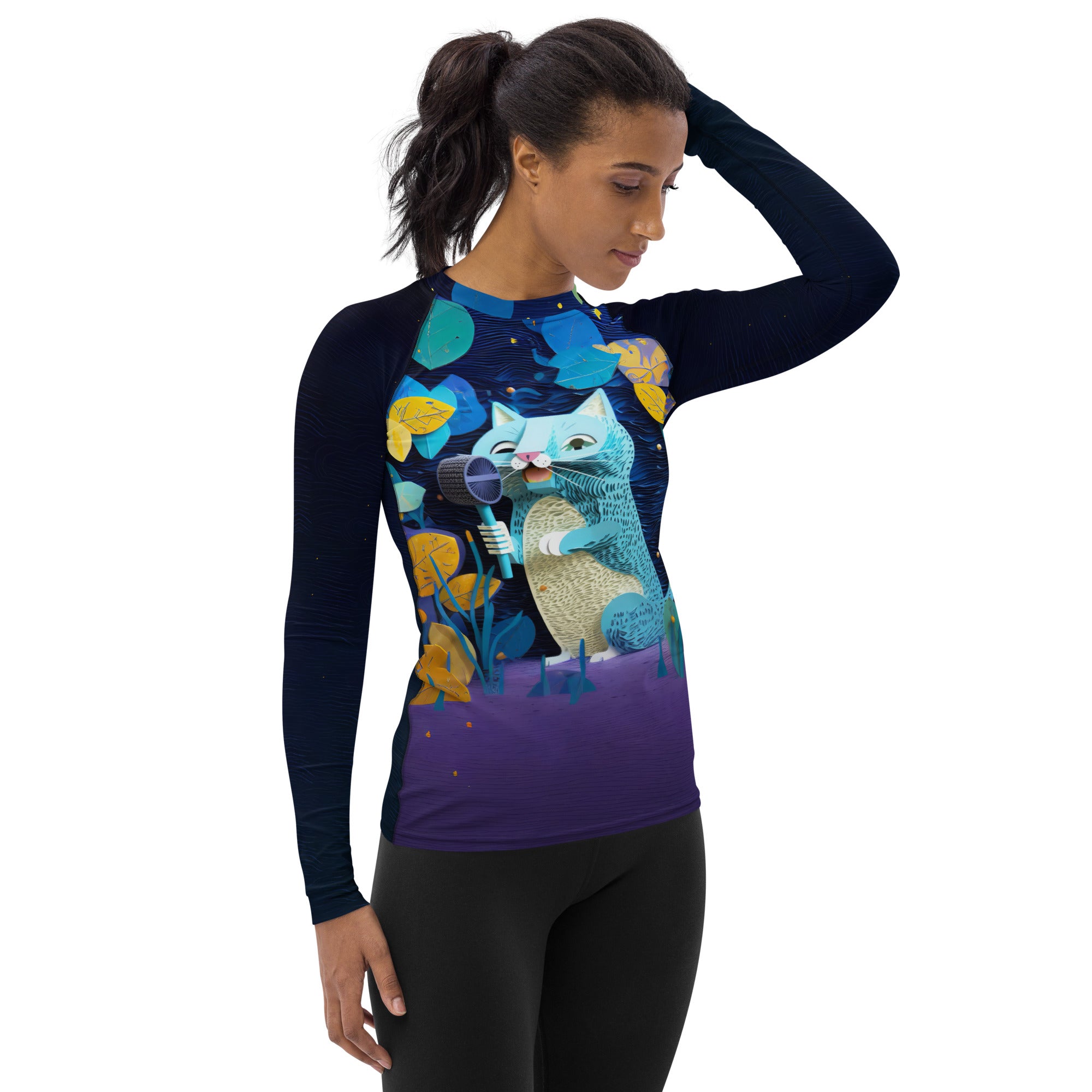 Twilight Kirigami Owls Women's Rash Guard close-up of owl pattern.