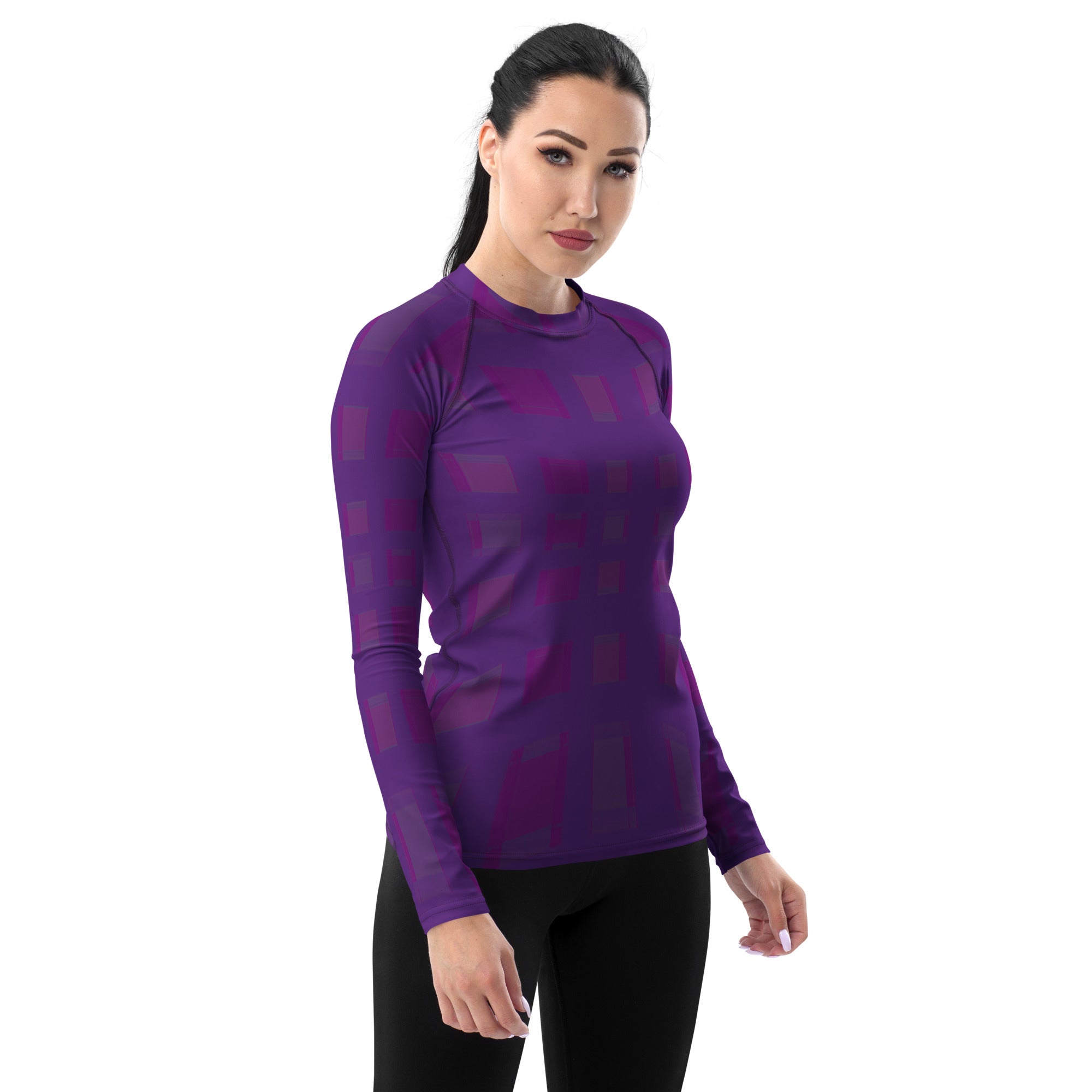 Back view of Monochrome Maze women's rash guard showing fit and design.